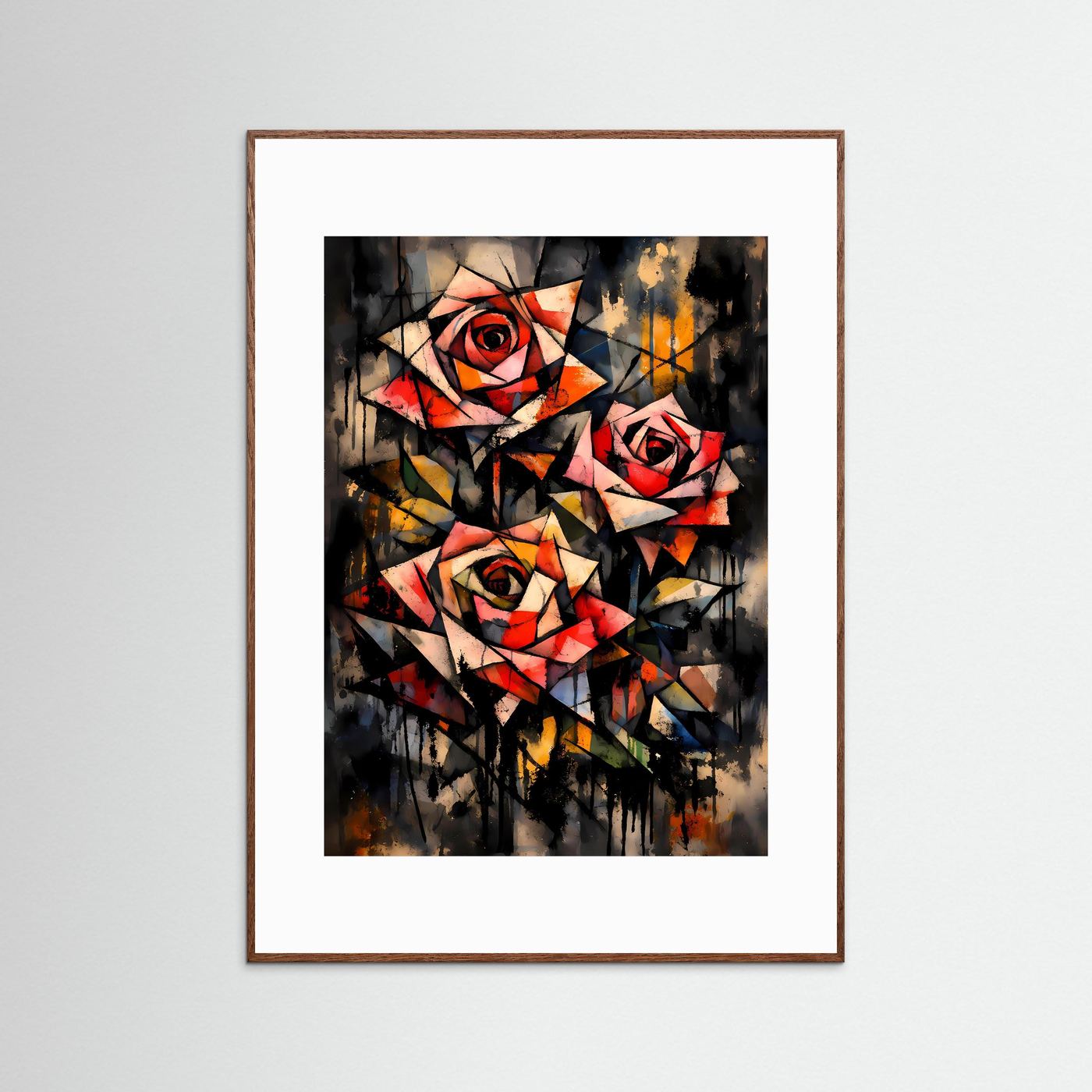 Geometrie der Liebe | Modernes Rosen Kunst Poster bunt | Abstraktes Kubismus Wandbild Hochformat