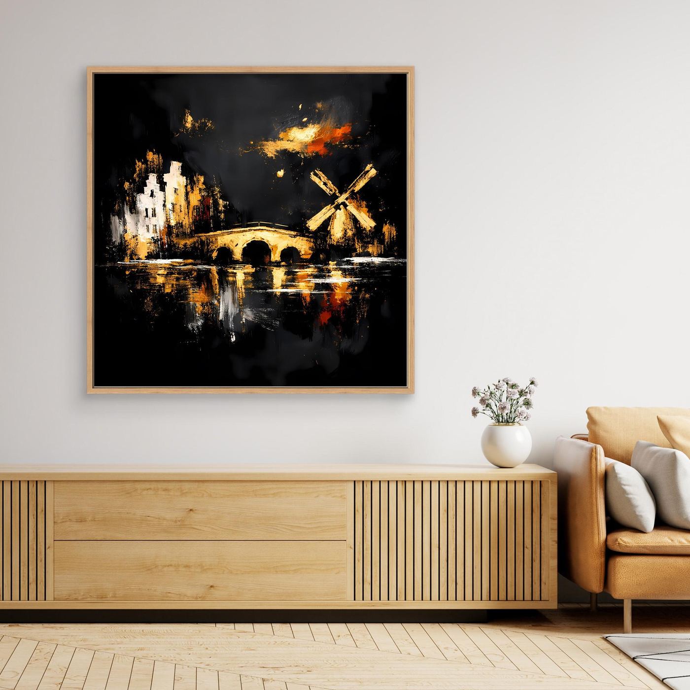 Leinwand Goldene Windmühle in Amsterdam | Abstraktes Holland Wandbild Modern
