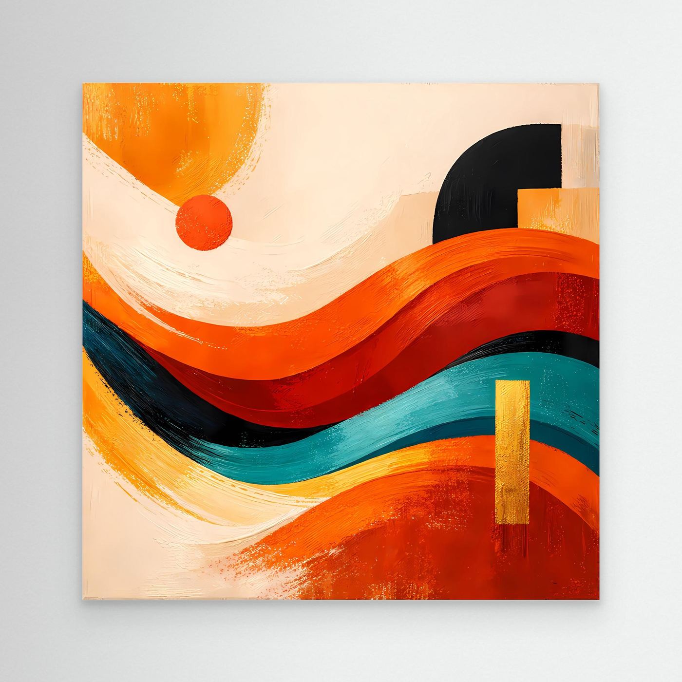 Leinwandbild mit hellem Holzrahmen, abstrakte Wellen und Dünen in Orange, Rot und Blau