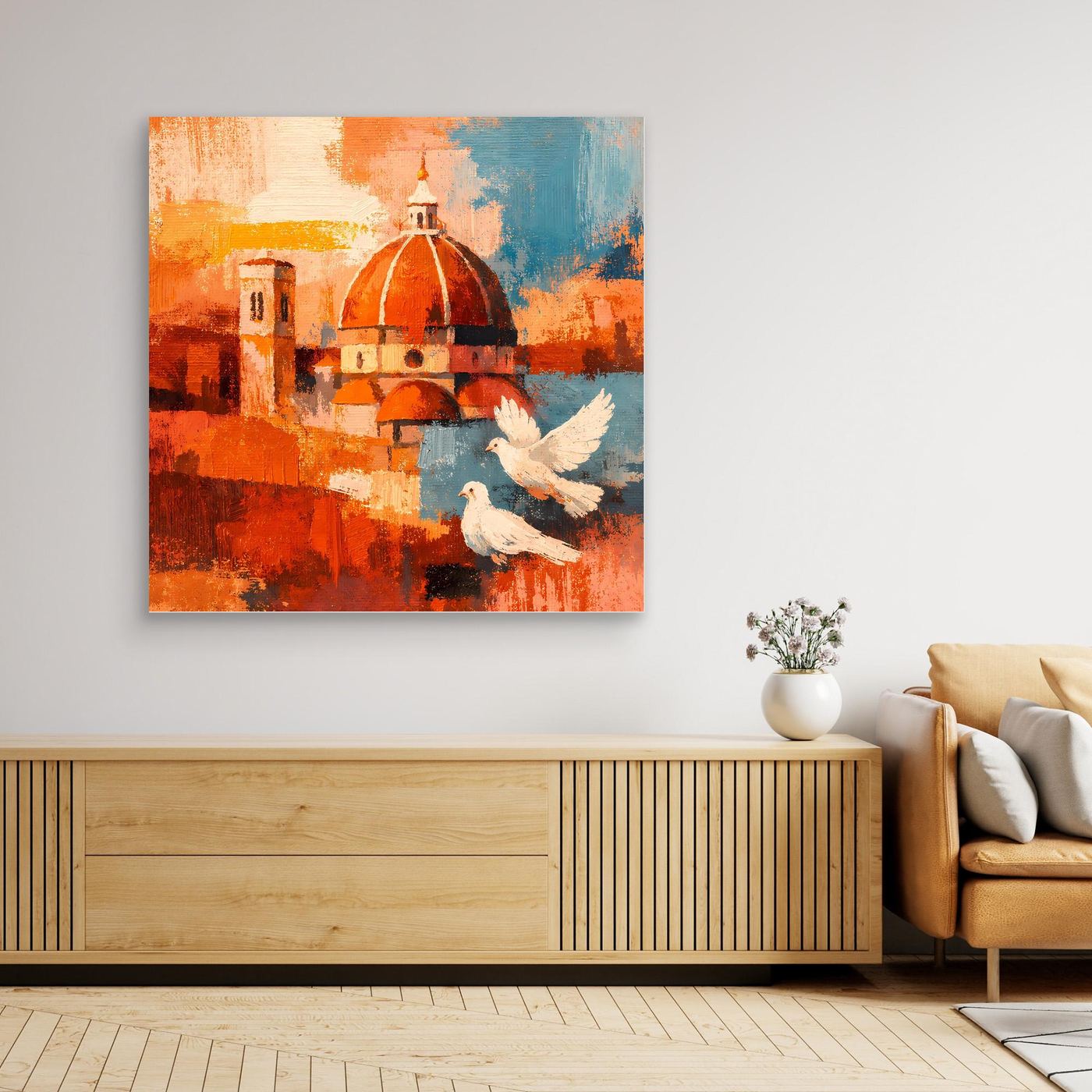 Abstraktes Leinwand-Wandbild mit hellem Holzrahmen: orange Kuppel und weiße Tauben