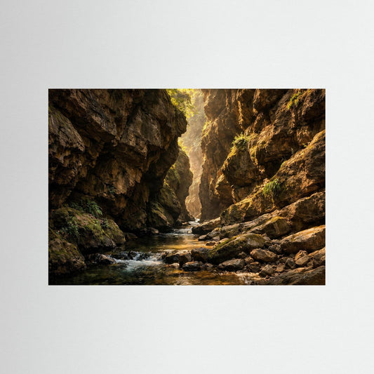 Schlucht-Poster im Querformat: Fluss zwischen Felsen, goldenes Sonnenlicht, kein Rahmen.