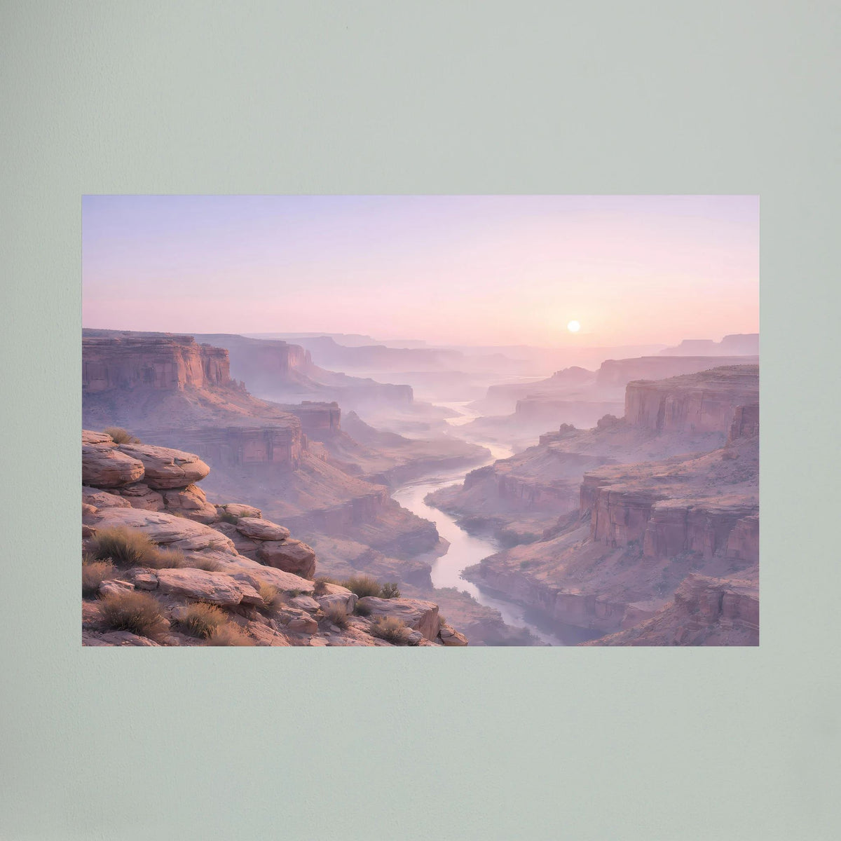 Canyon-Wandbild Querformat: Fluss im Tal und Sonnenaufgang über breiten Schluchten.