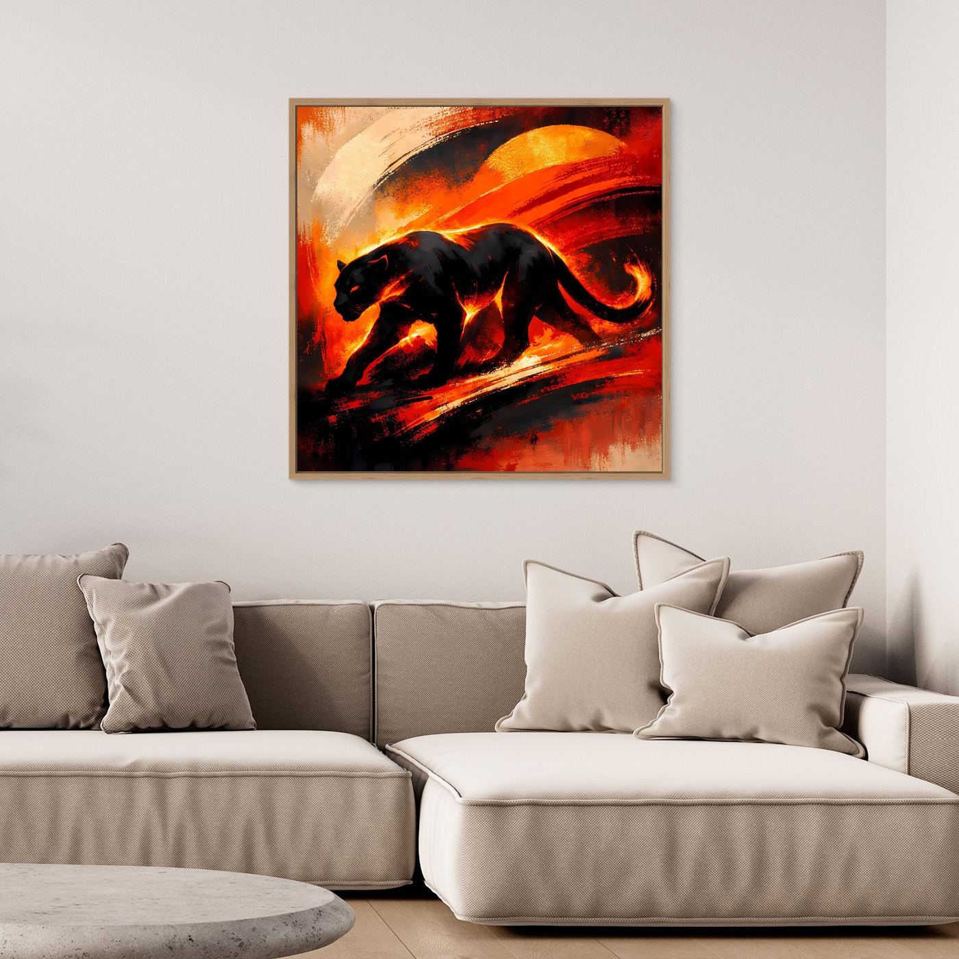 Leinwandbild mit Panther-Motiv: schwarze Raubkatze vor roten und orangefarbenen Pinselstrichen