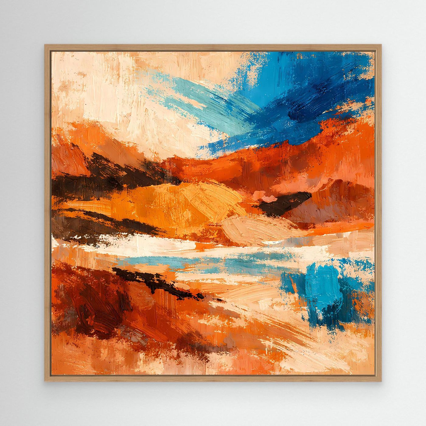 Gerahmtes Leinwandbild mit abstraktem Wüstenmotiv in Orange und Blau, brauner Holzrahmen