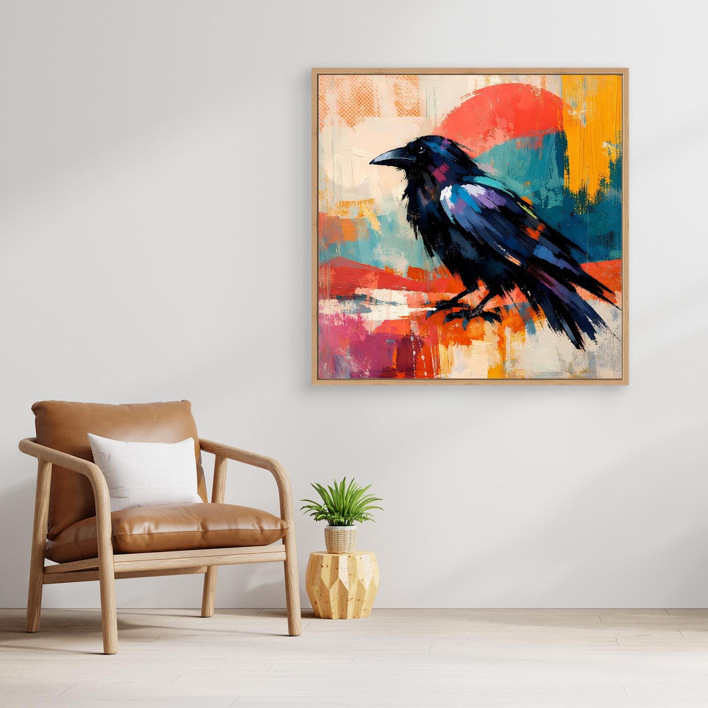 Framed abstract raven bird canvas wall art with blue, teal, red, and orange paint splashes