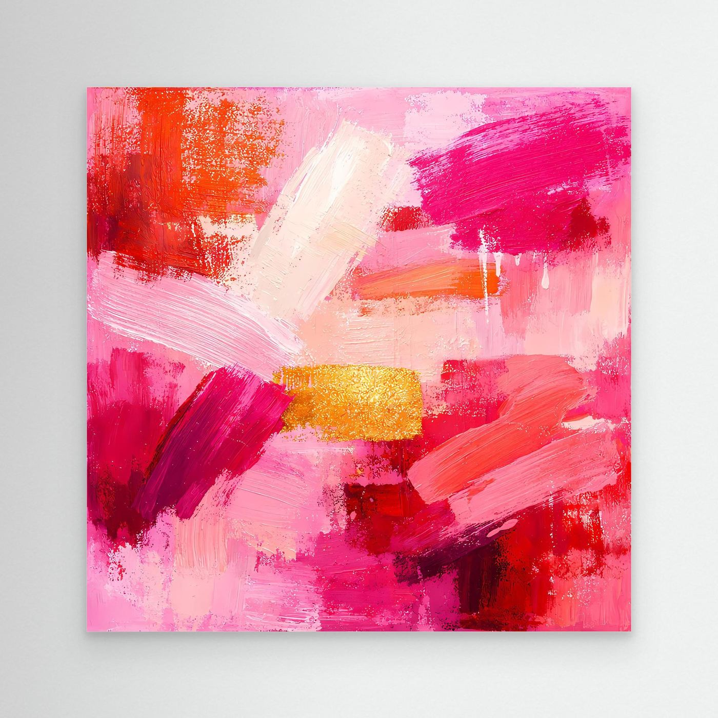 Abstract canvas wall art with pink and orange brushstrokes and a gold accent.