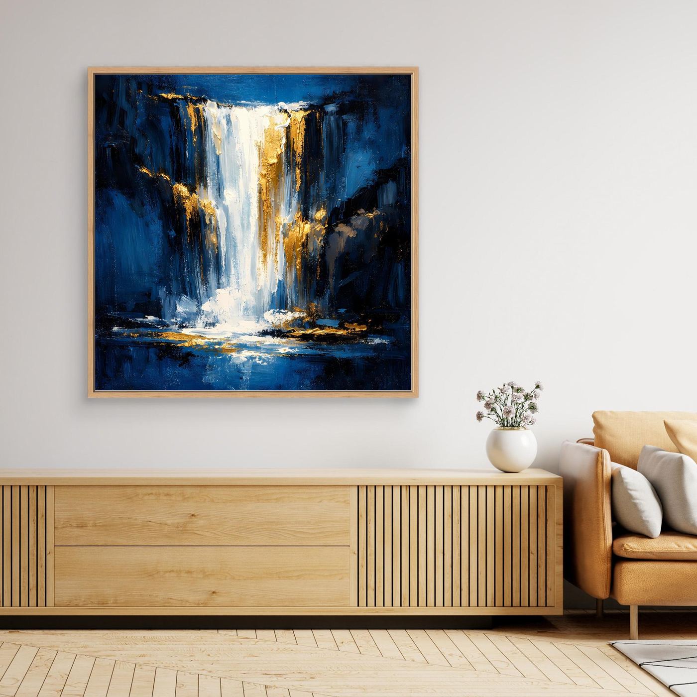 Leinwand Abstraktes Wasserfall Gemälde in Dunkelblau und Gold | Modernes Natur Wandbild