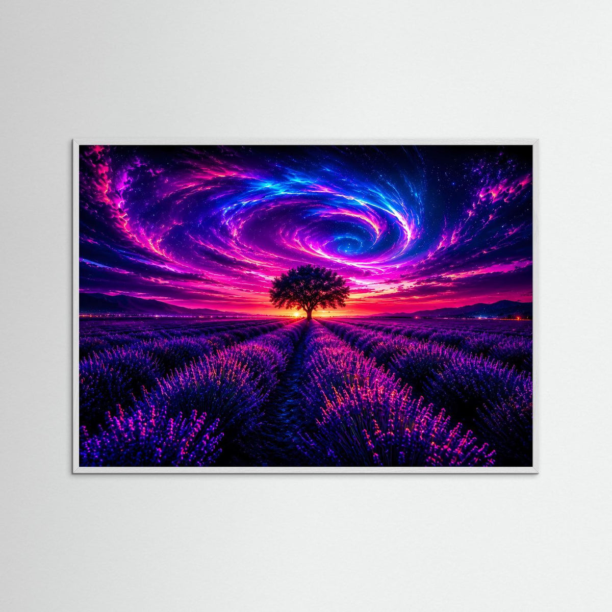 Neon-Wandbild mit silbergrauer Rahmung: lila Lavendelfeld, Galaxiespirale und Baum-Motiv.