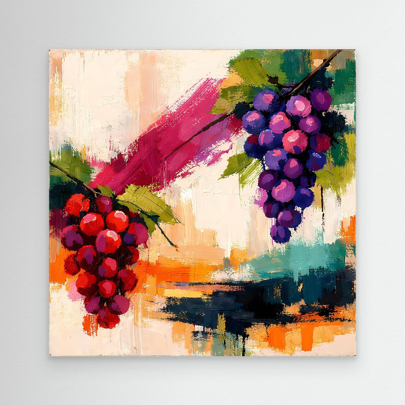 Abstract grape still life canvas wall art with red and purple grape clusters