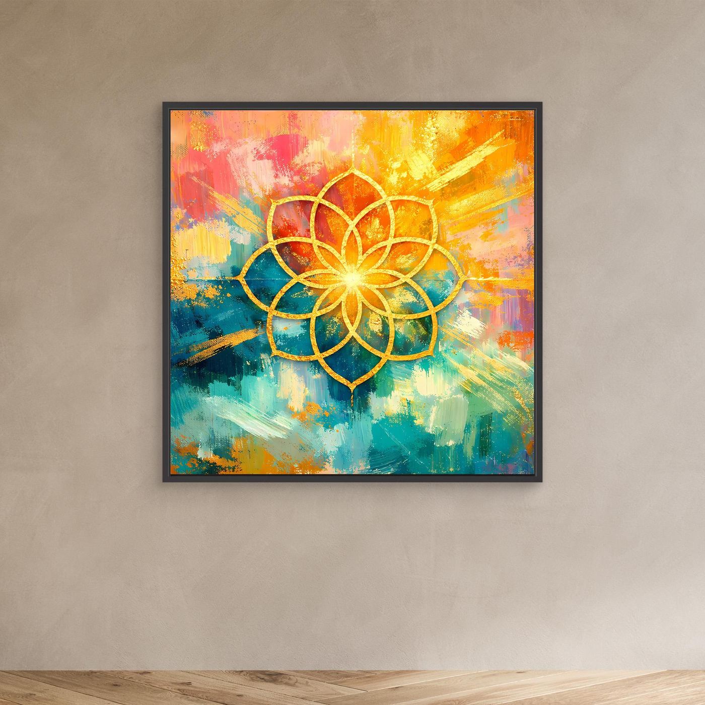 Quadratisches Leinwandbild mit schwarzem Rahmen: goldenes Blume-des-Lebens-Mandala, bunt