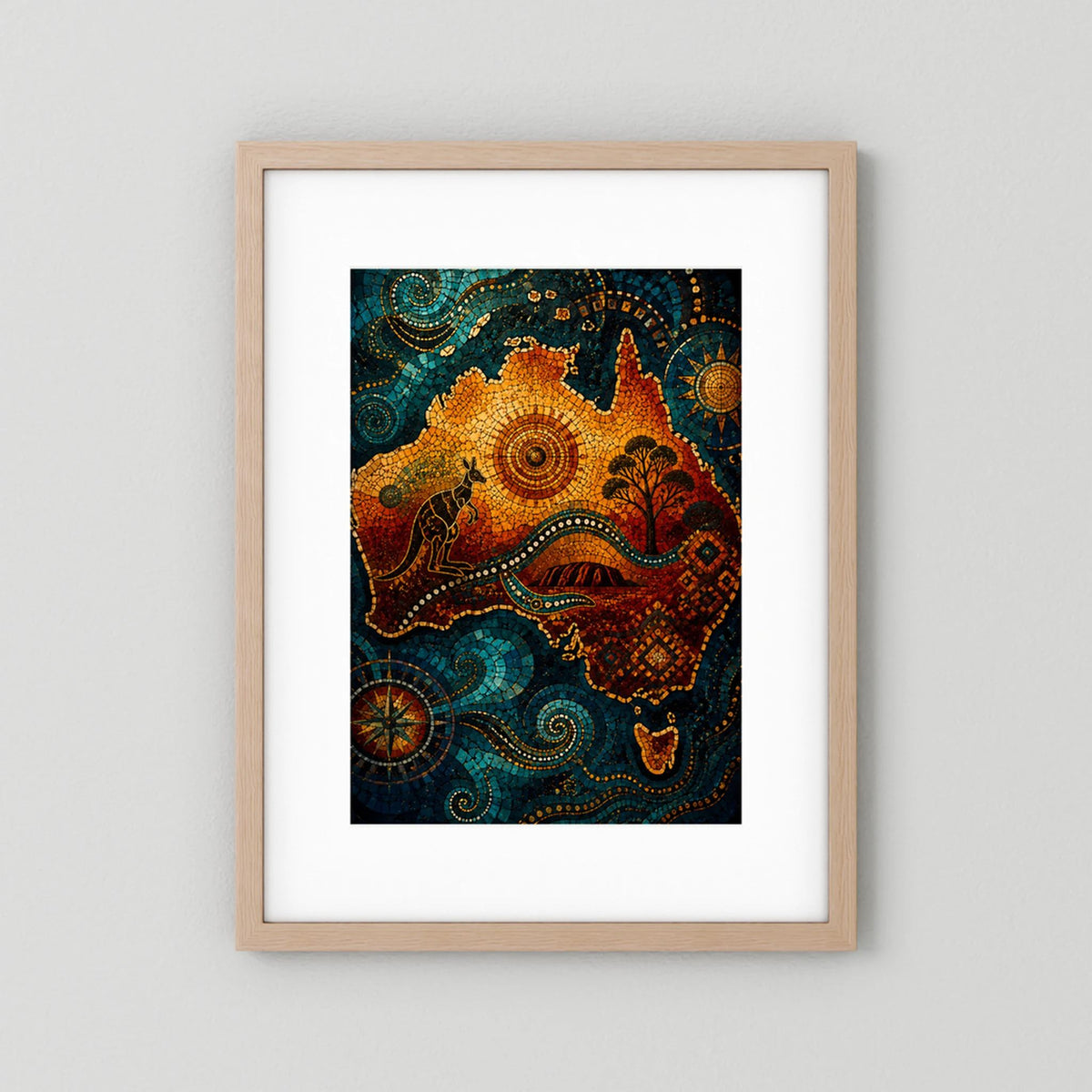 Hochformat-Poster mit Känguru-Mosaik, Holzrahmen hell und weißem Passepartout