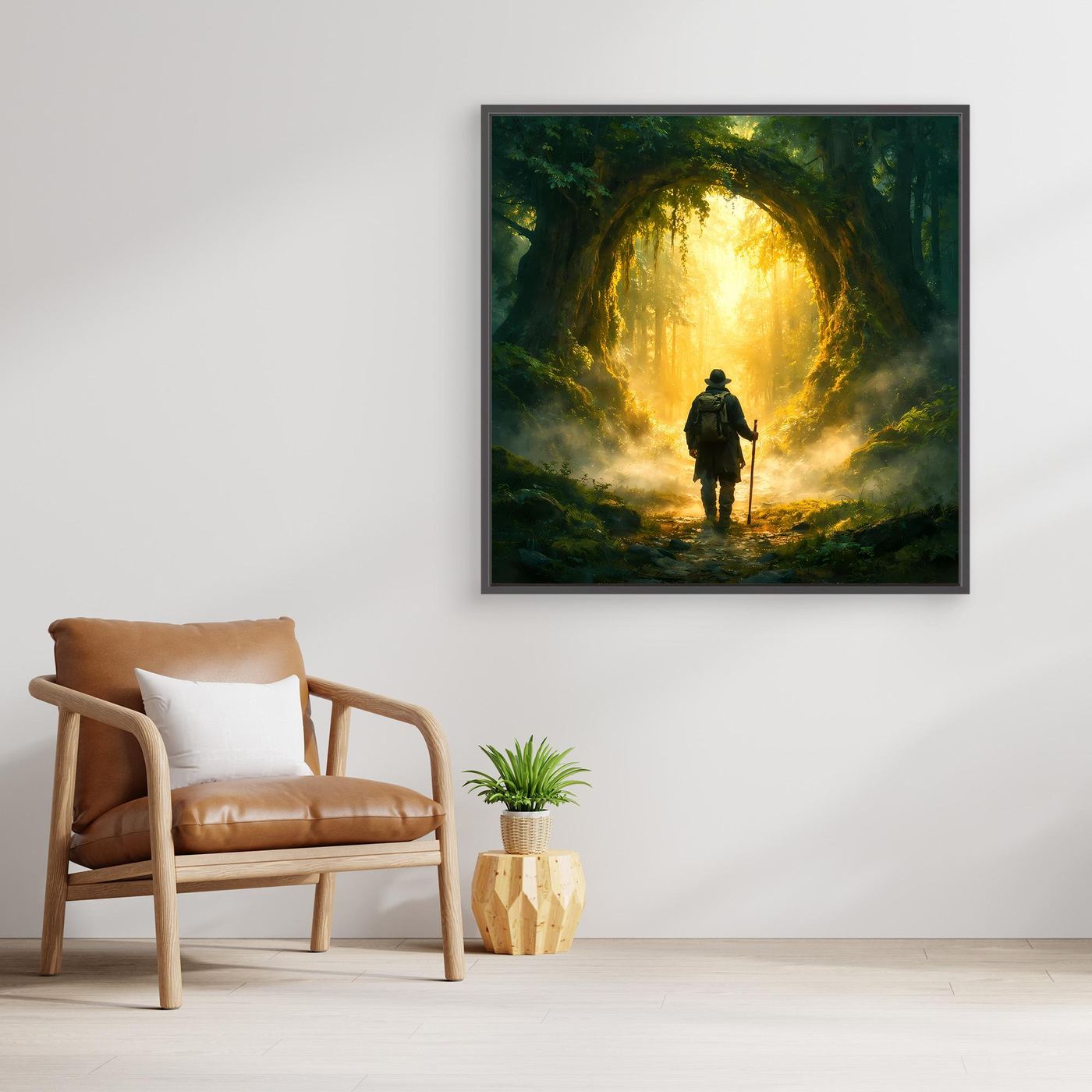 Leinwand Mystischer Wanderer am Waldportal | Abstraktes Natur Zauberwald Wandbild
