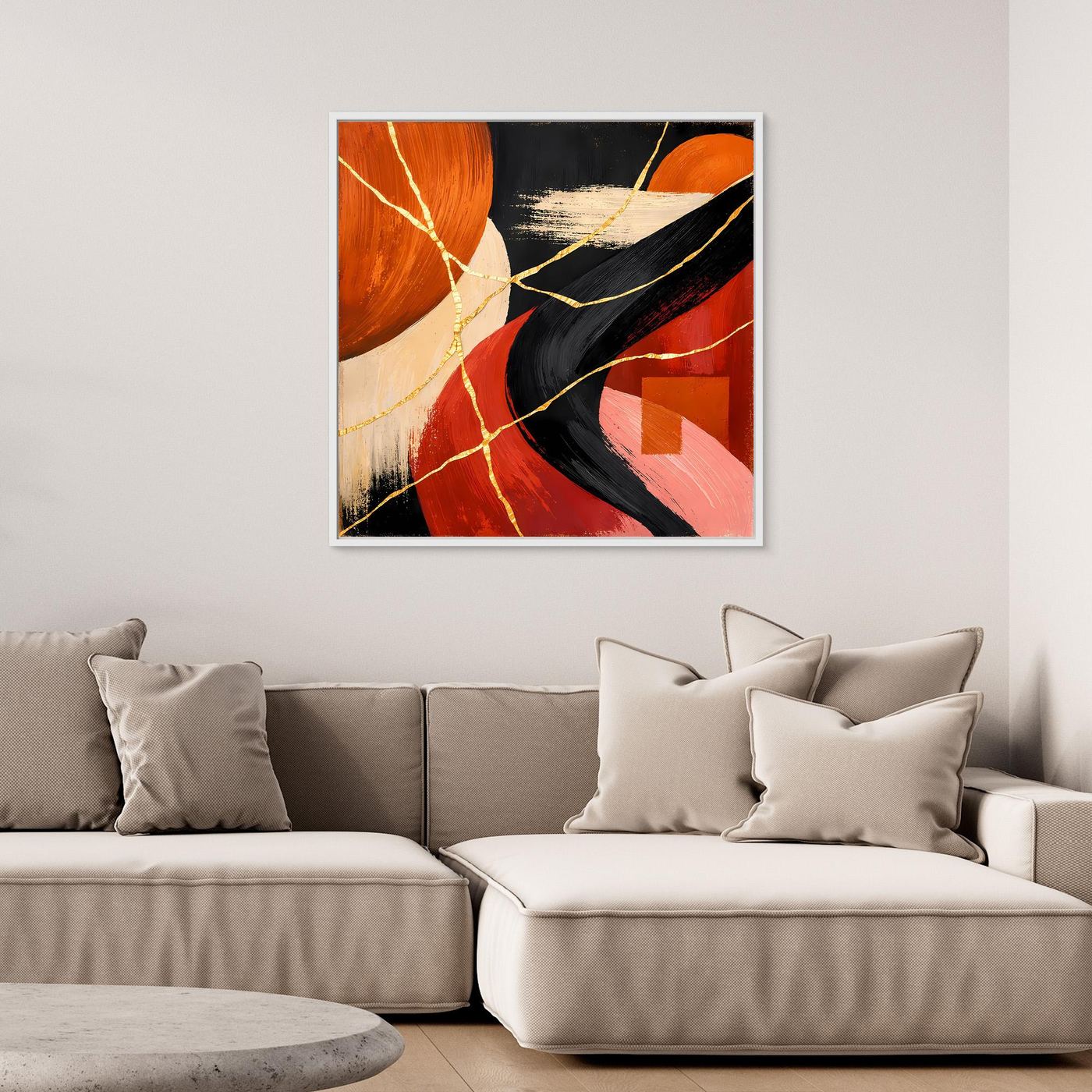 Abstraktes Leinwand-Wandbild mit Kintsugi-Goldlinien und weißer Umrandung, Rot/Schwarz