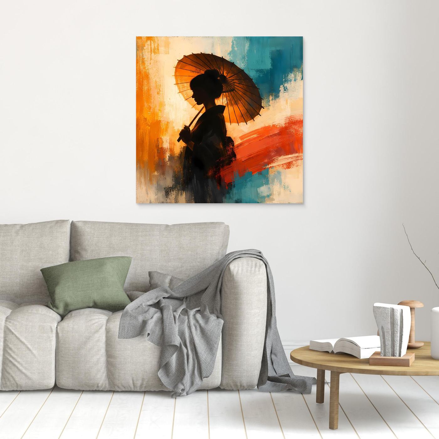 Leinwand Elegante Frau mit Sonnenschirm | Ästhetisches Japanisches Wandbild auf Keilrahmen