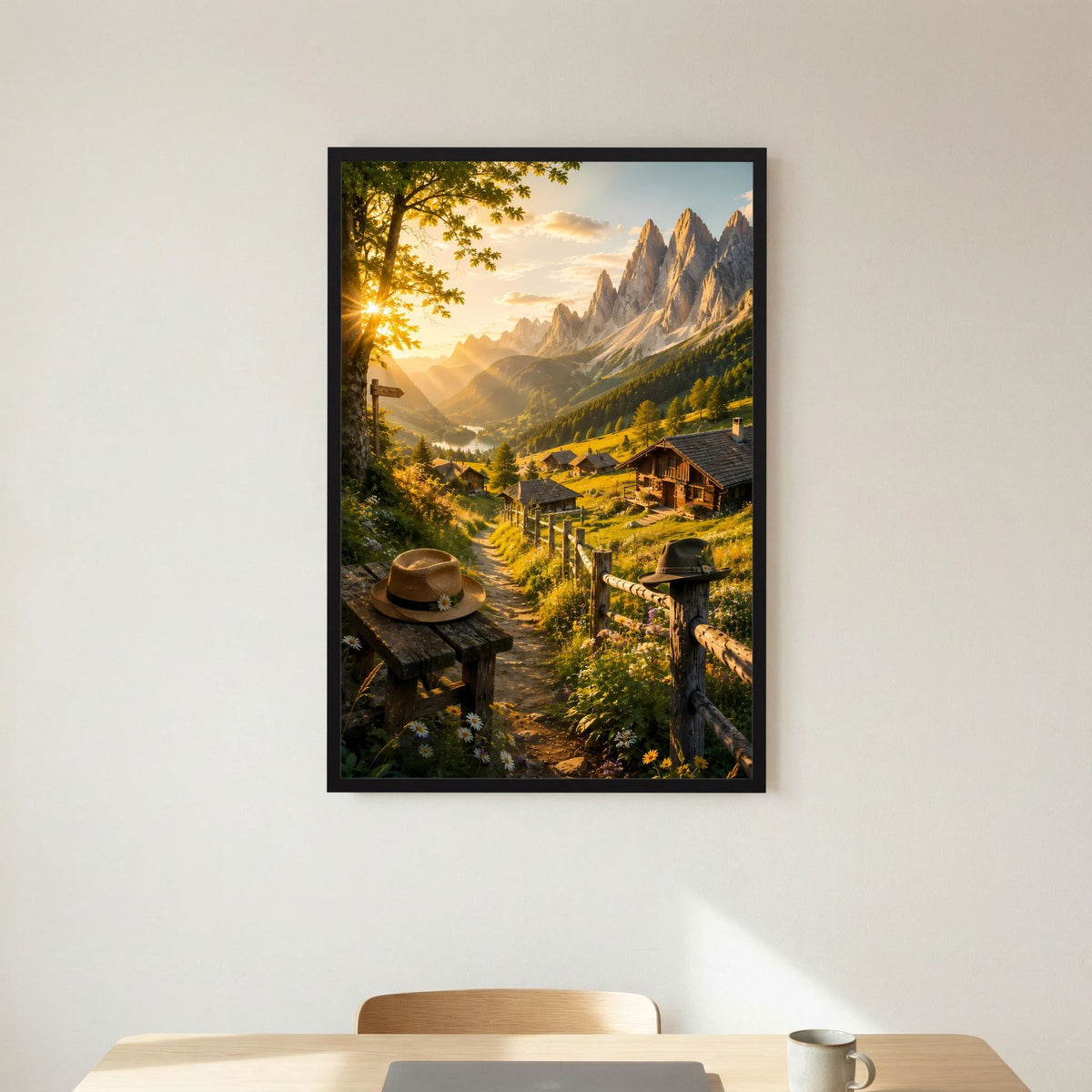 Hochformat-Poster im schwarzen Rahmen mit Alpenlandschaft, Berghütte im Tal, goldener Abendsonne