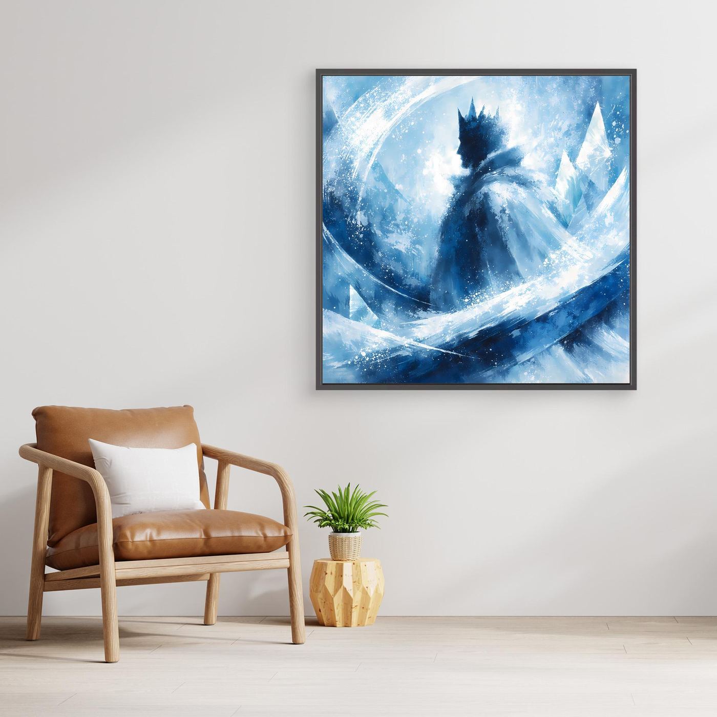 Leinwandbild mit schwarzem Rahmen, blaues Winterabstrakt mit Eissilhouette und Schneepfeilen