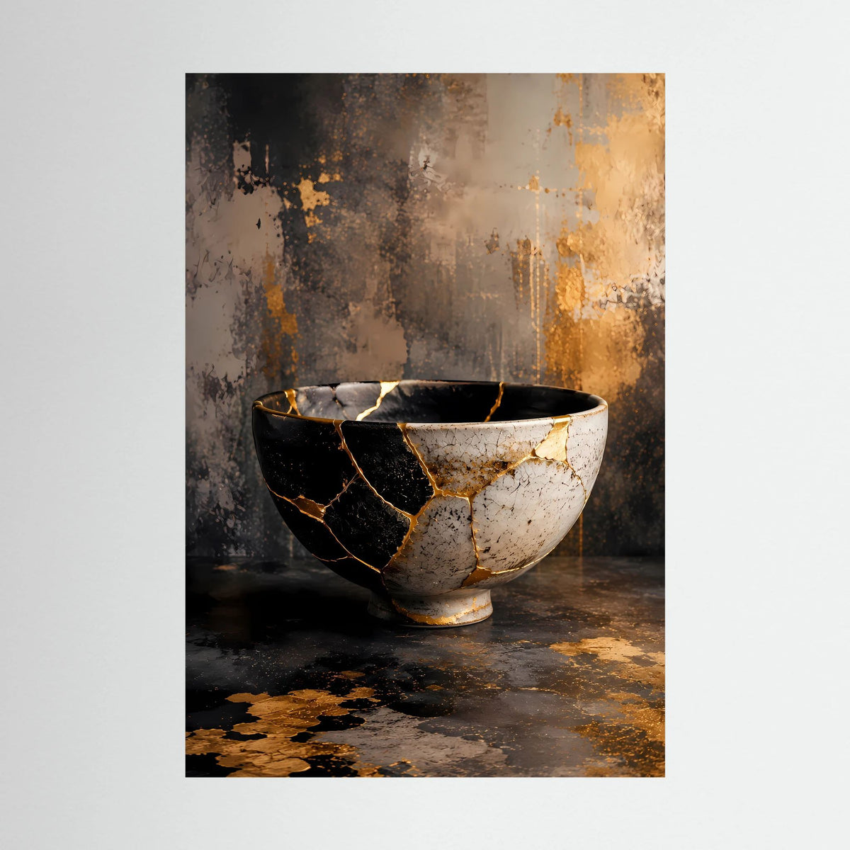 Poster Hochformat mit Kintsugi-Schale: schwarze Schale, weiße Bruchstellen, goldene Linien