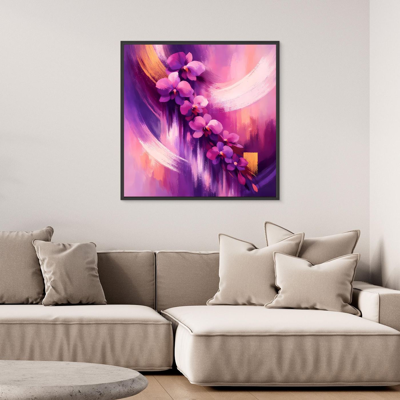 Abstraktes Orchideen-Leinwandbild mit schwarzem Rahmen in Lila und Pink