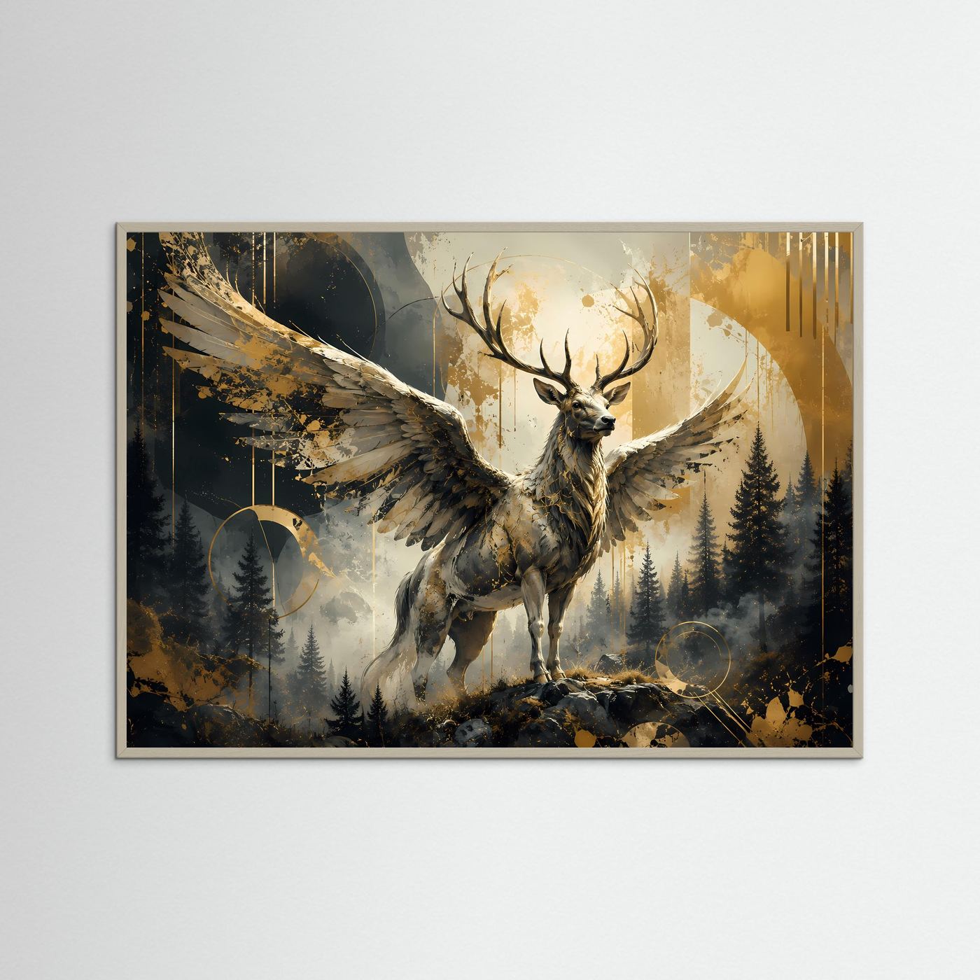 Mystischer Hirsch mit Flügeln im Wald | Abstraktes Fantasy Poster in Schwarz, Weiß & Gold | Edles Wandbild Querformat