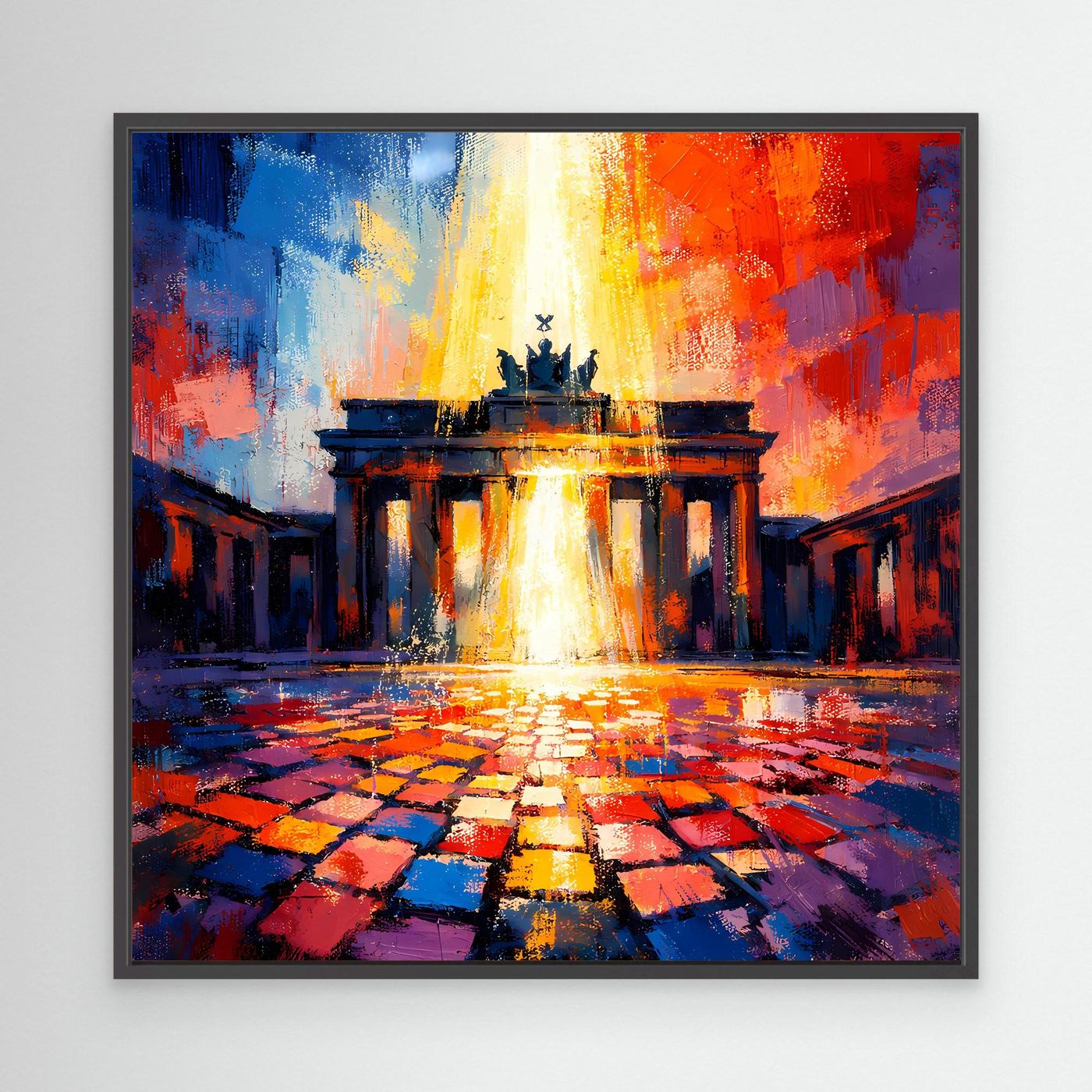Abstraktes Leinwandbild Brandenburger Tor im Lichtermeer, mehrfarbig, schwarzer Rahmen