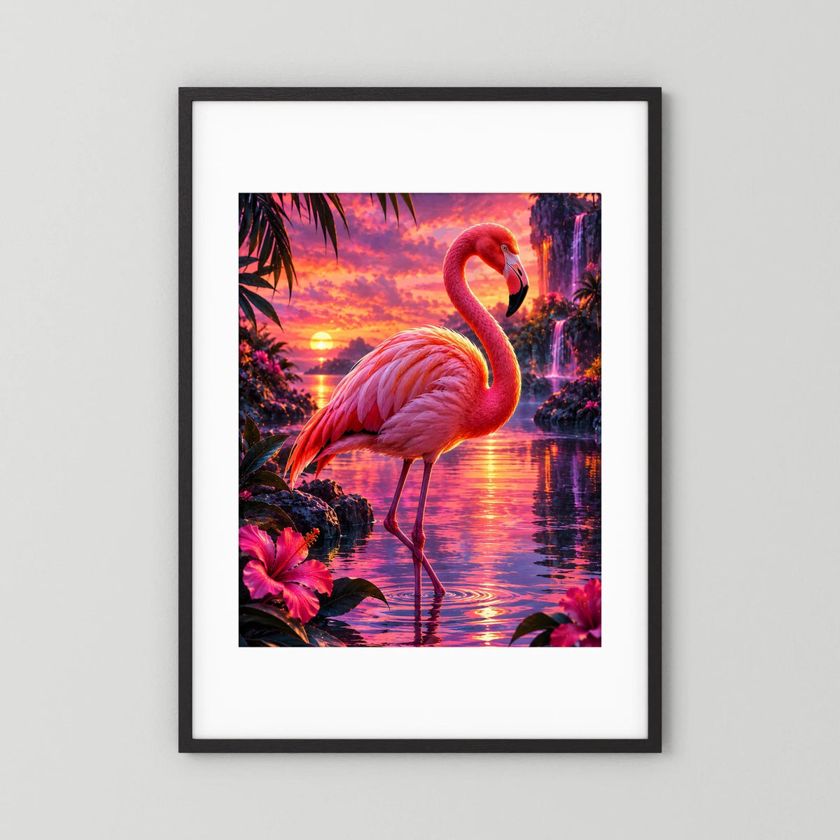 Flamingo-Tierposter im Hochformat mit schwarzem Rahmen und weißem Passepartout