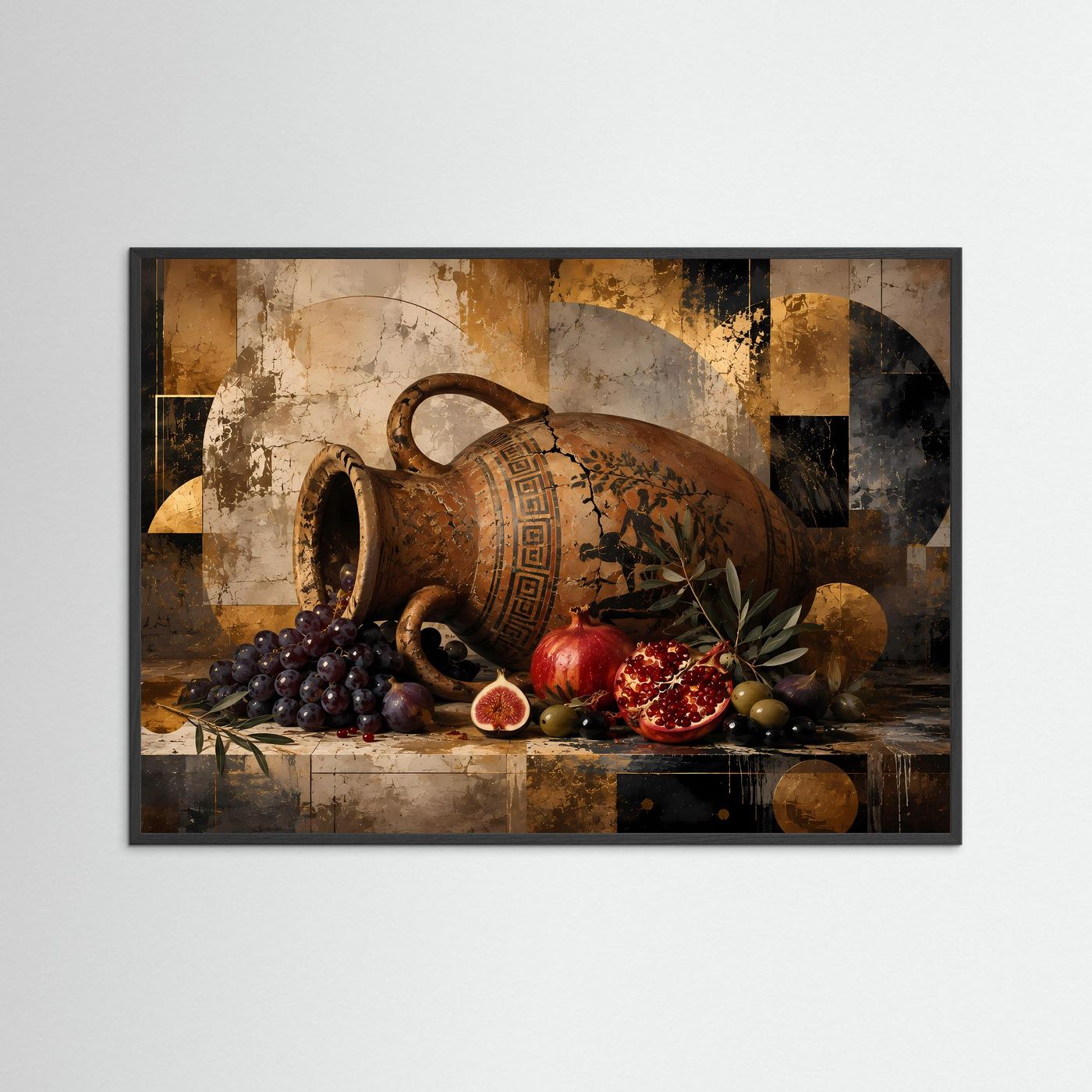 Poster mit brauner Amphore, Granatapfel und Trauben in schwarzem Rahmen