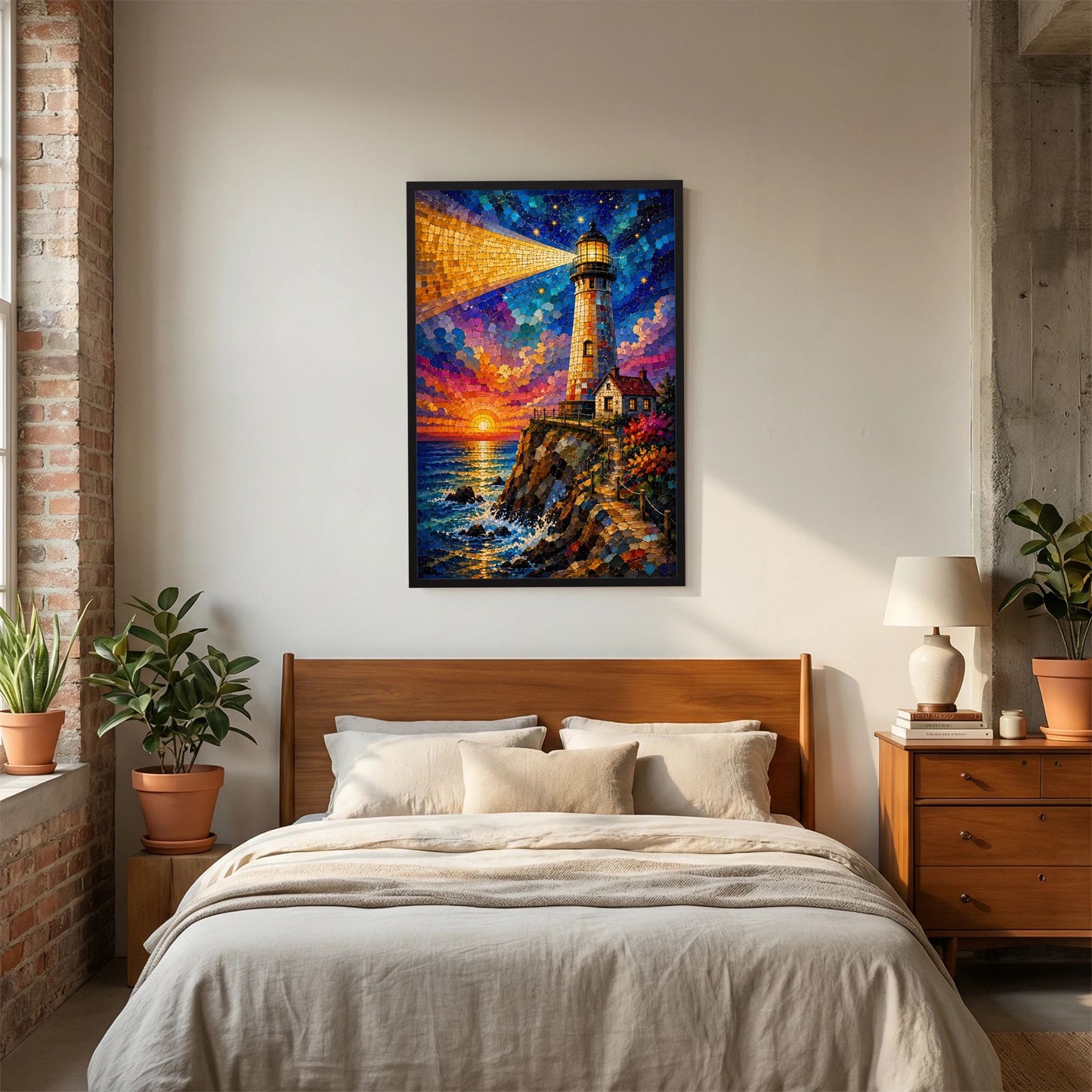 Leuchtturm im Sonnenuntergang | Farbenfrohe Mosaik Küstenkunst | Poster Hochformat