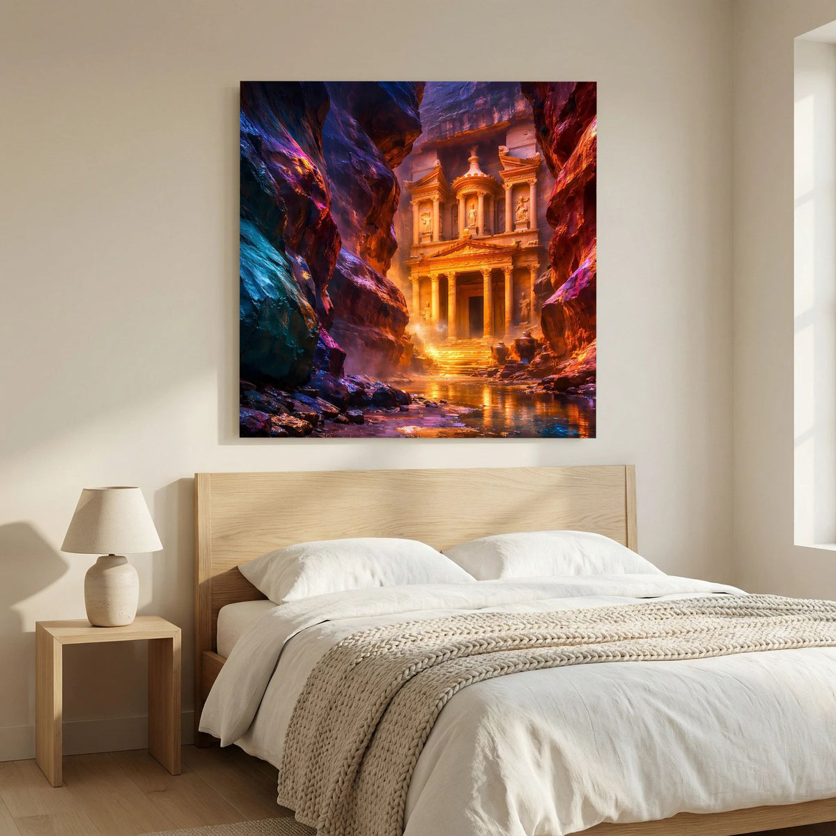 Leinwandbild auf Holzkeilrahmen mit Petra-Motiv: orange beleuchteter Tempel in Felsschlucht