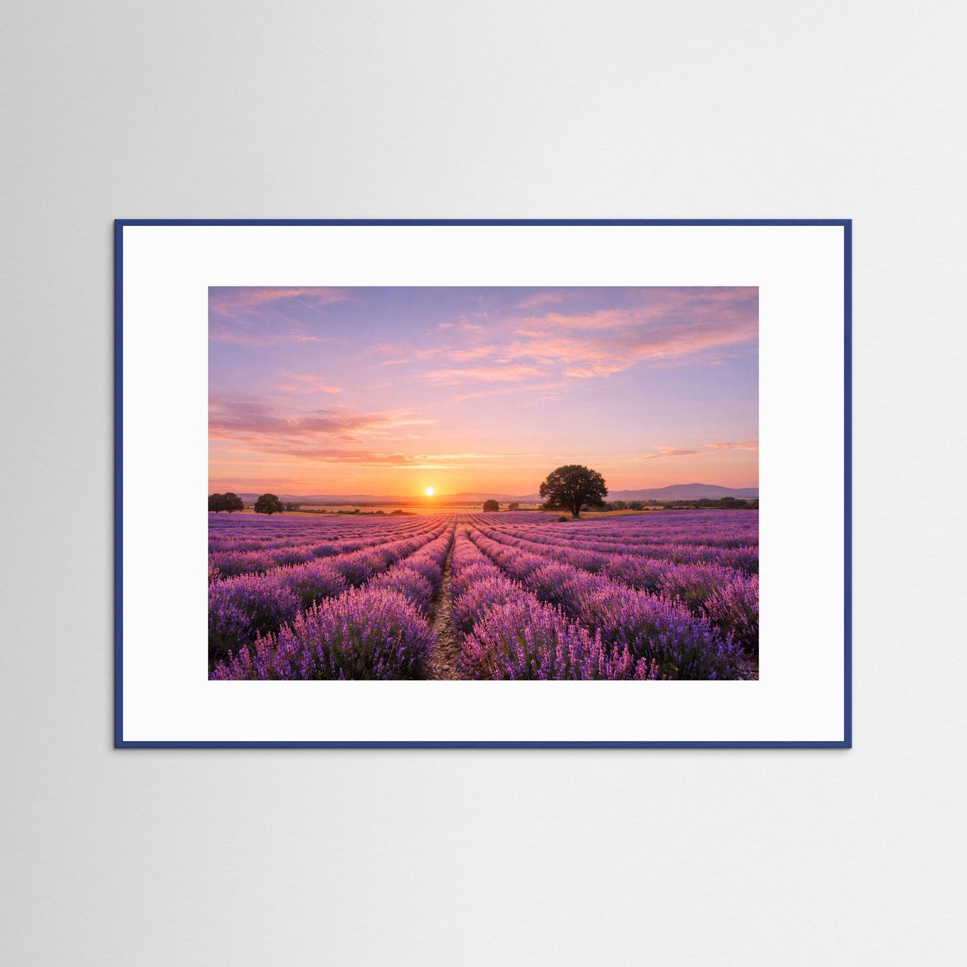 Naturposter mit Lavendelfeld bei Sonnenuntergang im Querformat, blauer Holzrahmen