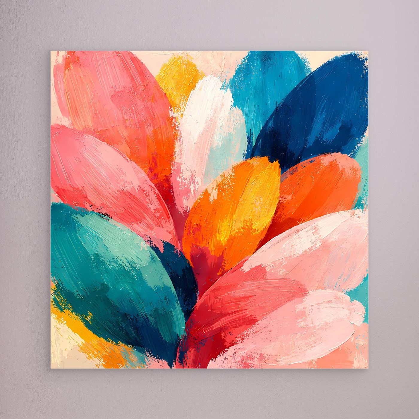 Abstraktes Blütenbild auf Leinwand mit bunten Pinselstrichen, ohne sichtbaren Rahmen