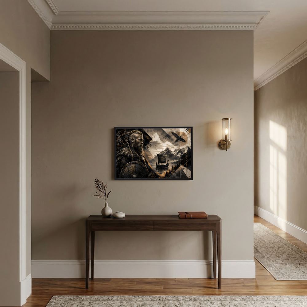 Querformat-Poster mit Wikingerkrieger, Langschiff und Raben in Schwarz und Gold