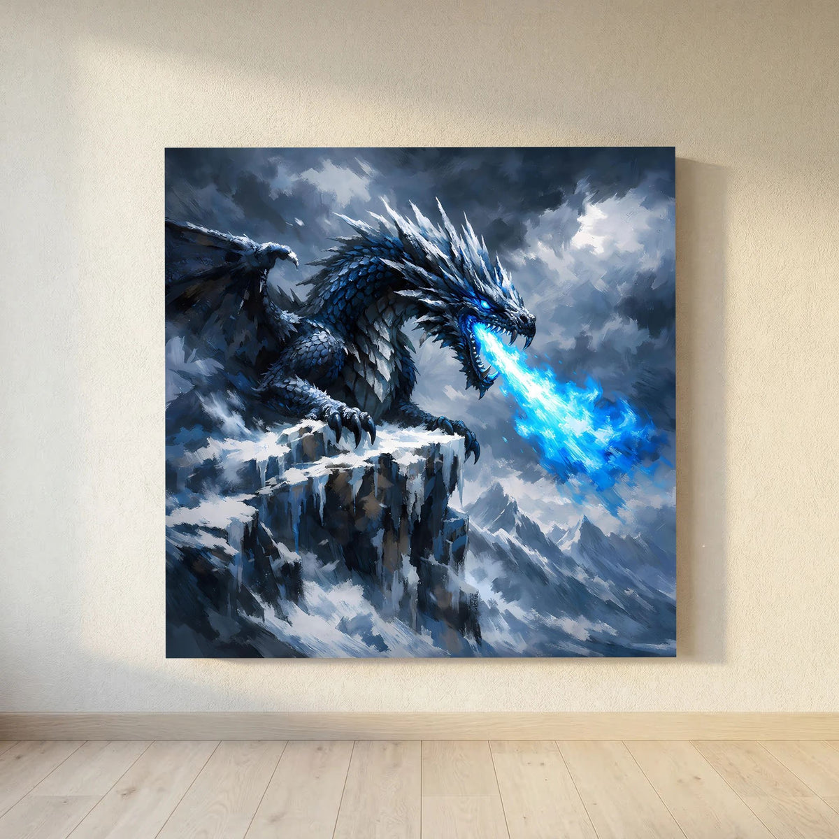 Fantasy-Leinwandbild: blauer Eisdrache mit Eisstrahl über zerklüfteten Felsen