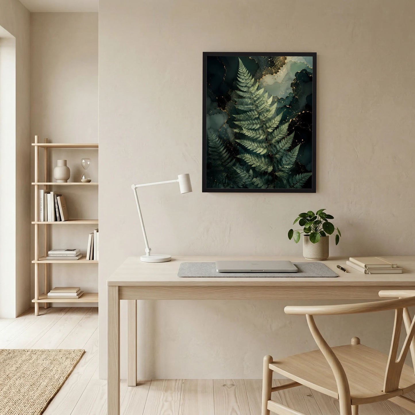 Schwarz gerahmtes Kunstposter mit Farnblatt-Motiv in Dunkelgrün und goldenen Highlights