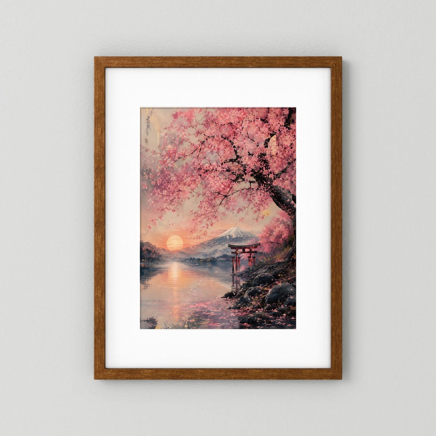 Kirschblütenlandschaft-Poster mit Fuji und Torii am See, im dunklen Holzrahmen
