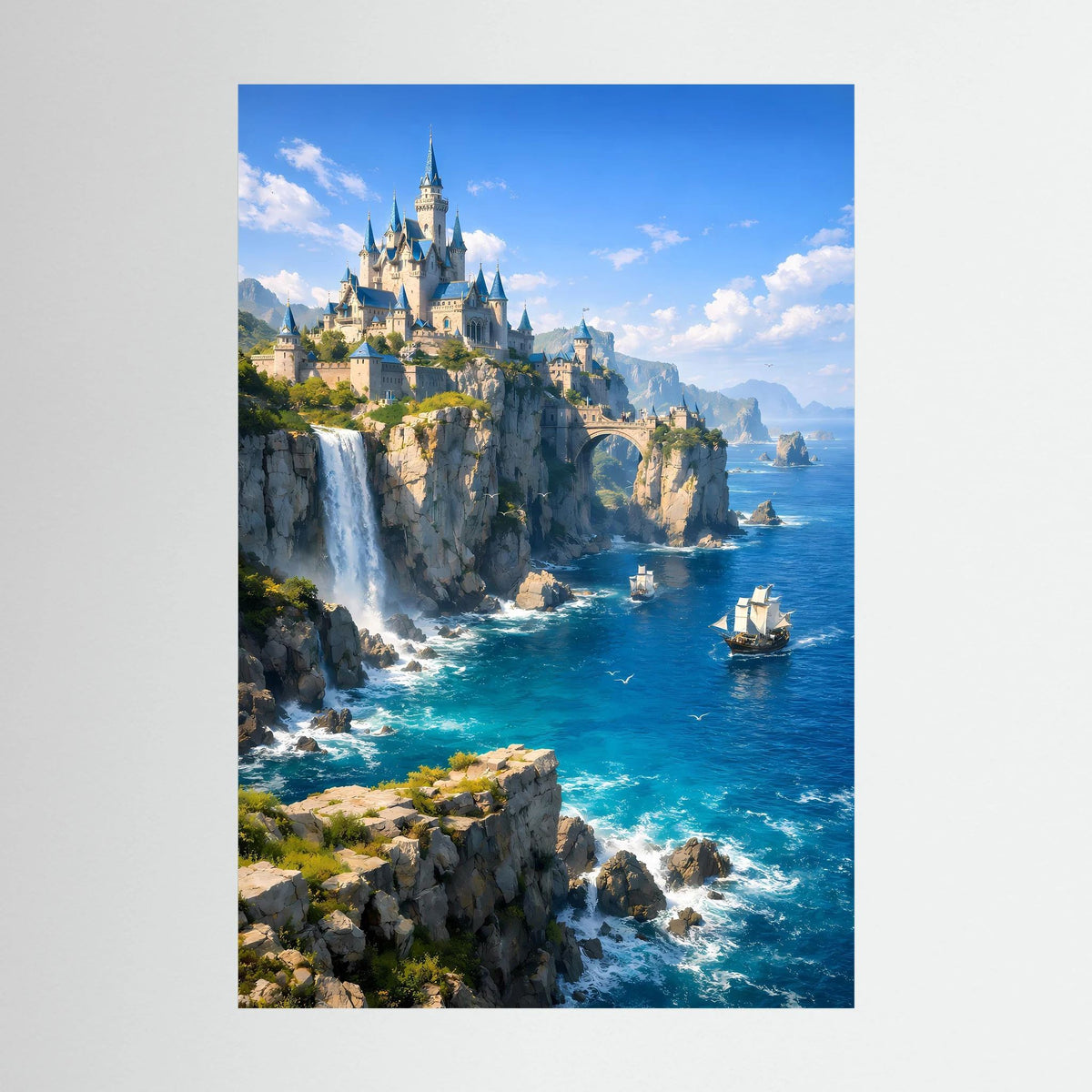 Hochkantiges Wandposter mit blauem Rand: Fantasy-Schloss an Klippen am Meer