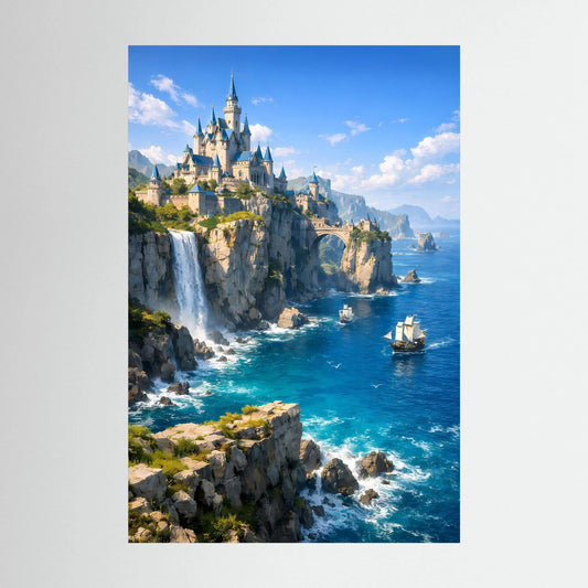 Hochkantiges Wandposter mit blauem Rand: Fantasy-Schloss an Klippen am Meer