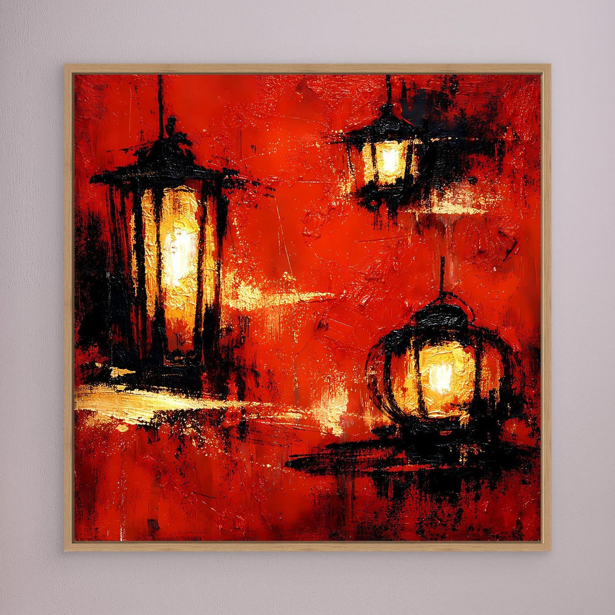 Wandbild mit roten Laternen und warmem Licht, abstraktes Ölgemälde, goldbraun gerahmt