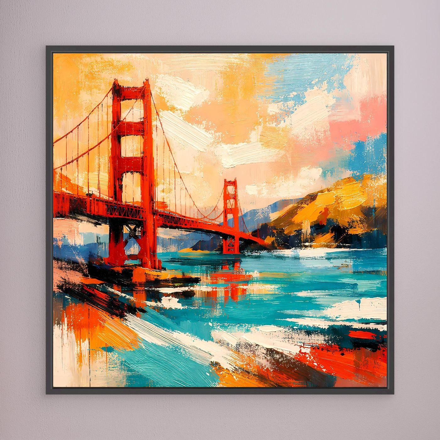 Black-framed abstract bridge wall art with red suspension details and teal water reflections