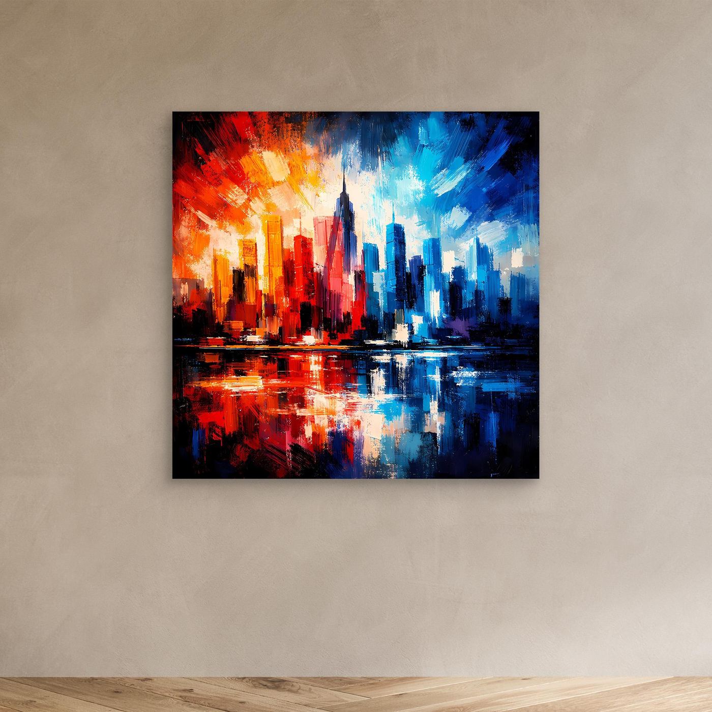 Leinwandbild mit abstrakter Skyline in Rot-, Blau- und Gelbtönen, ohne Rahmen.