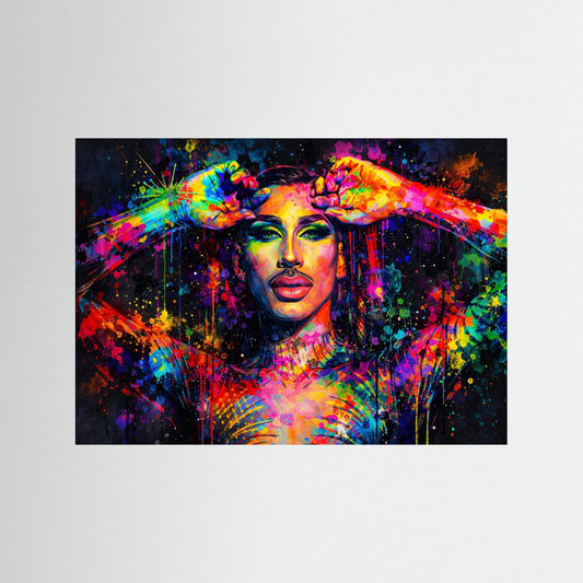 Pop-Art-Portrait-Wandbild querformat: buntes Drag-Gesicht, direkt gedruckt, ohne Rahmen.