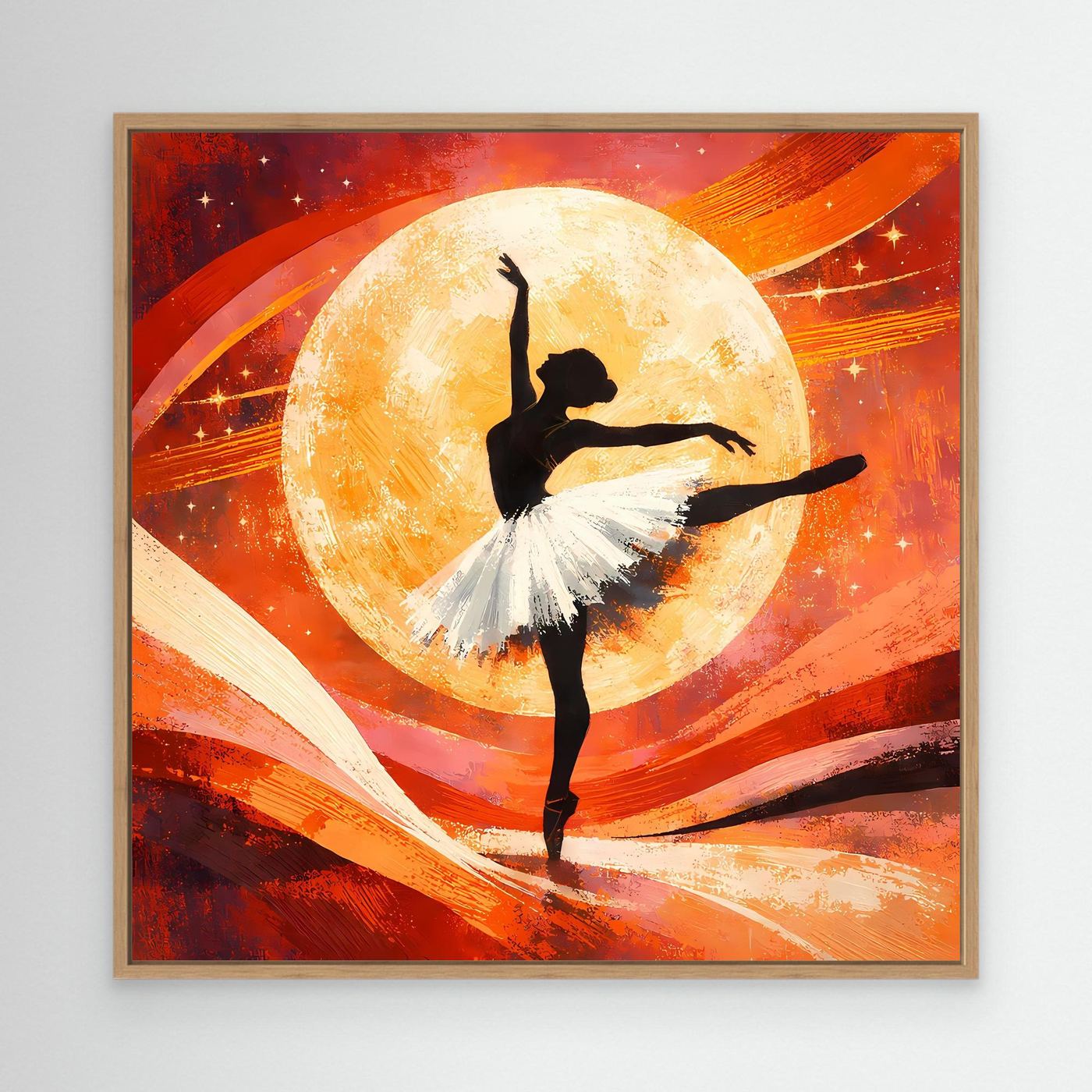 Leinwandbild mit Ballerina-Silhouette vor großer gelber Mondsichel, goldbrauner Rahmen
