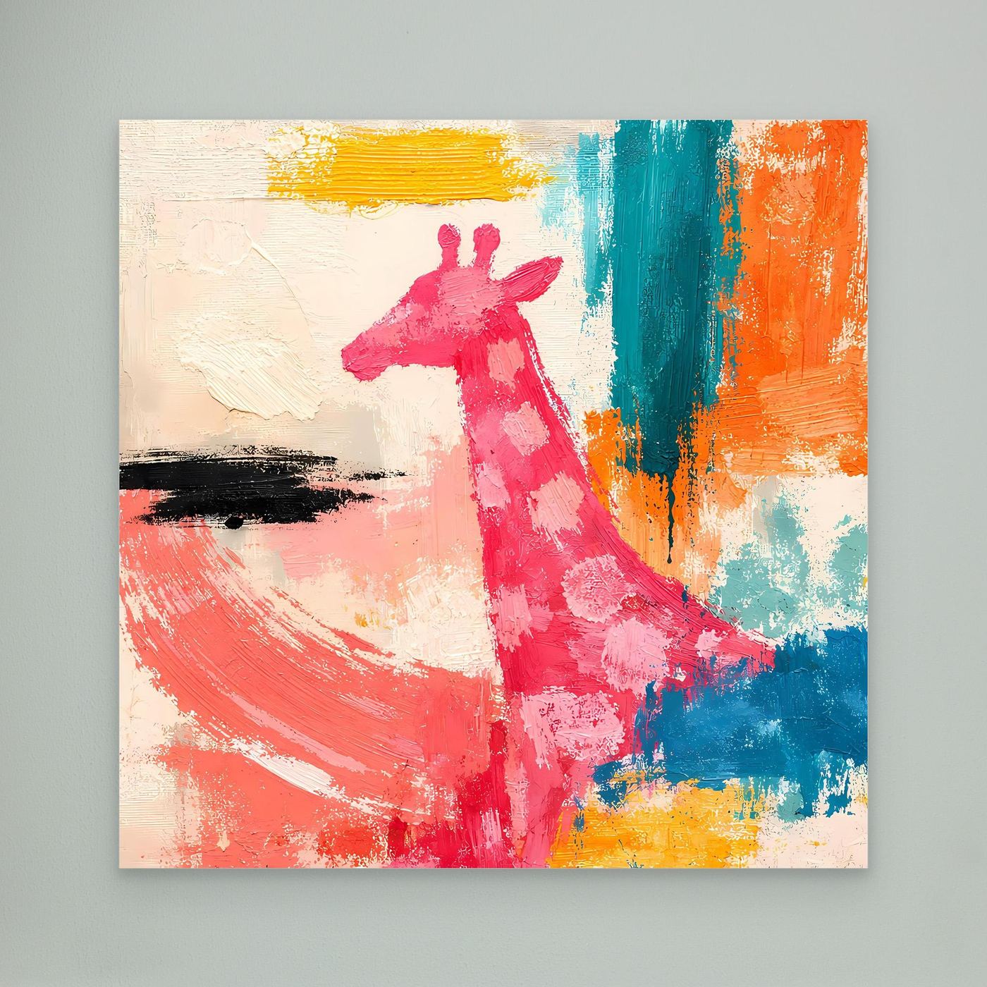 Leinwand-Wandbild mit abstrakter Giraffe im Pop-Art-Stil, pinke Giraffe vor bunten Akzenten