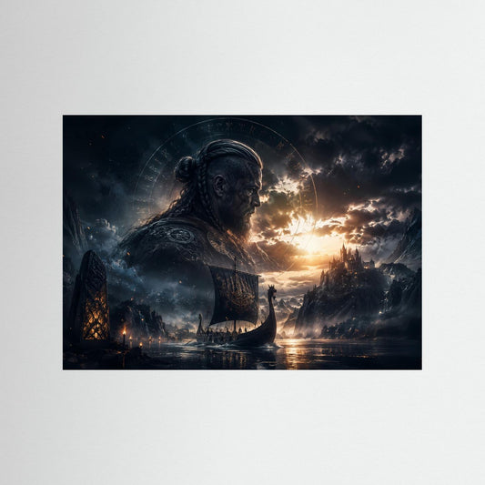 Wikinger-Poster im Querformat: Wikingerkrieger im Profil bei Sonnenuntergang am Fjord