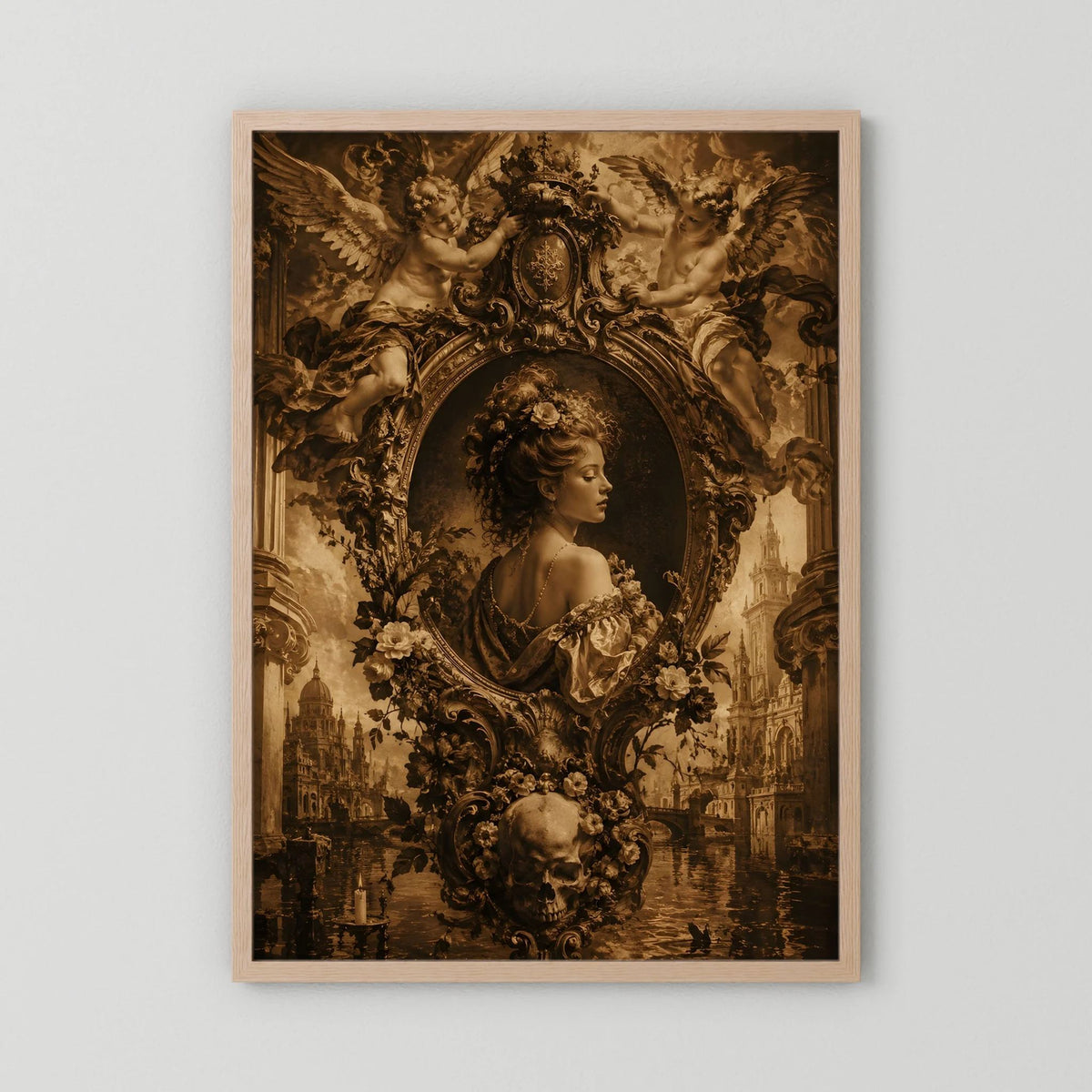 Gothic-Poster im Hochformat mit barocker Frau im Oval, Engelsfiguren und floralen Details, Holzrahmen