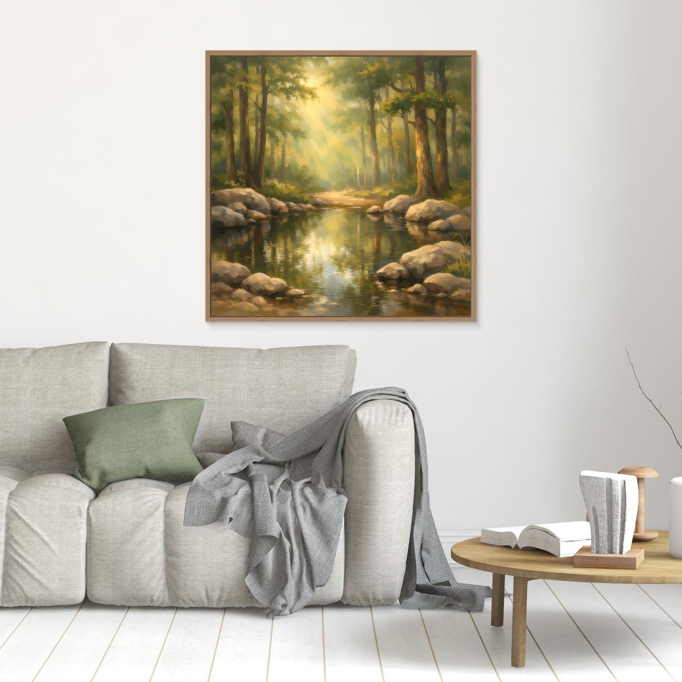 Leinwandbild Wald und Bach mit Sonnenstrahlen, brauner Holzrahmen