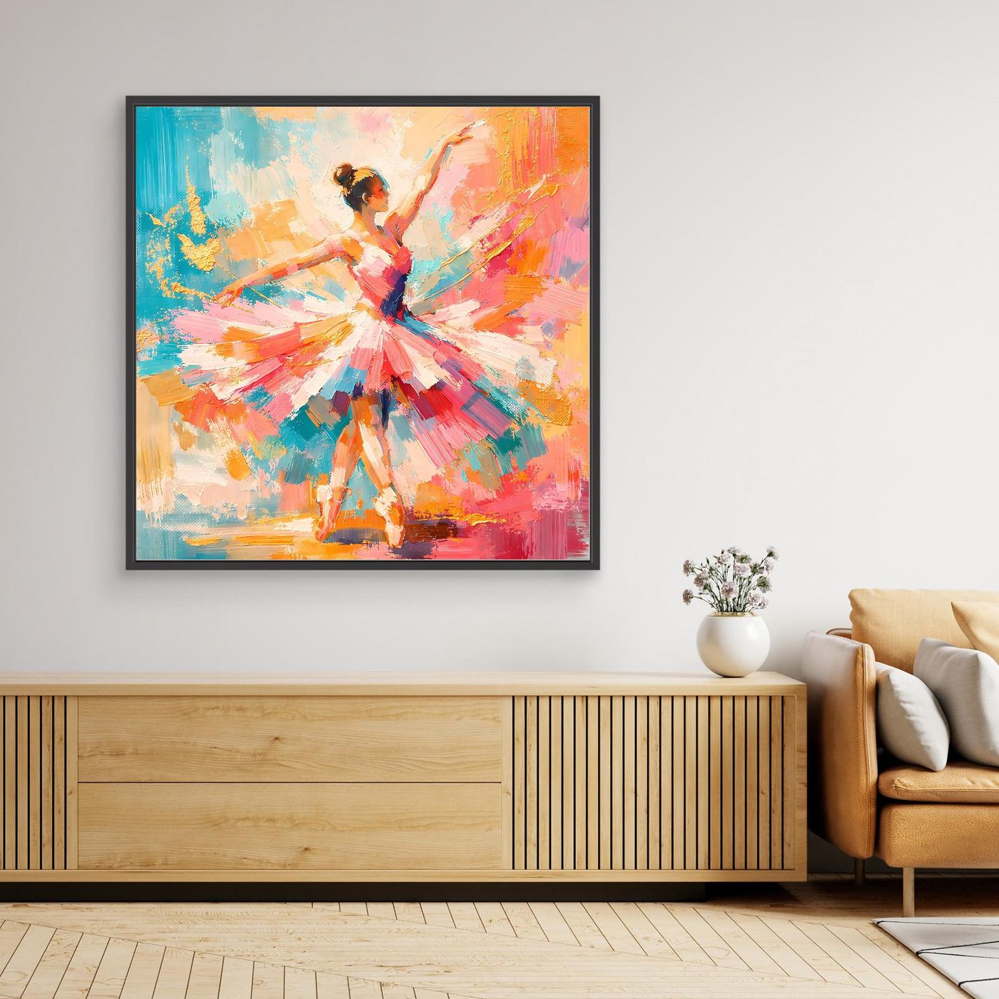 Leinwandbild mit abstrakter Ballerina, buntes Farbspektrum, schwarzer Rahmen