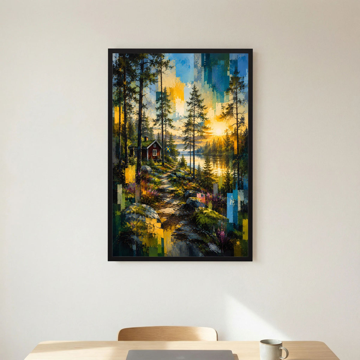 Poster im Hochformat: Waldweg durch hohe Bäume, See im Hintergrund, kleines Haus, schwarz gerahmt