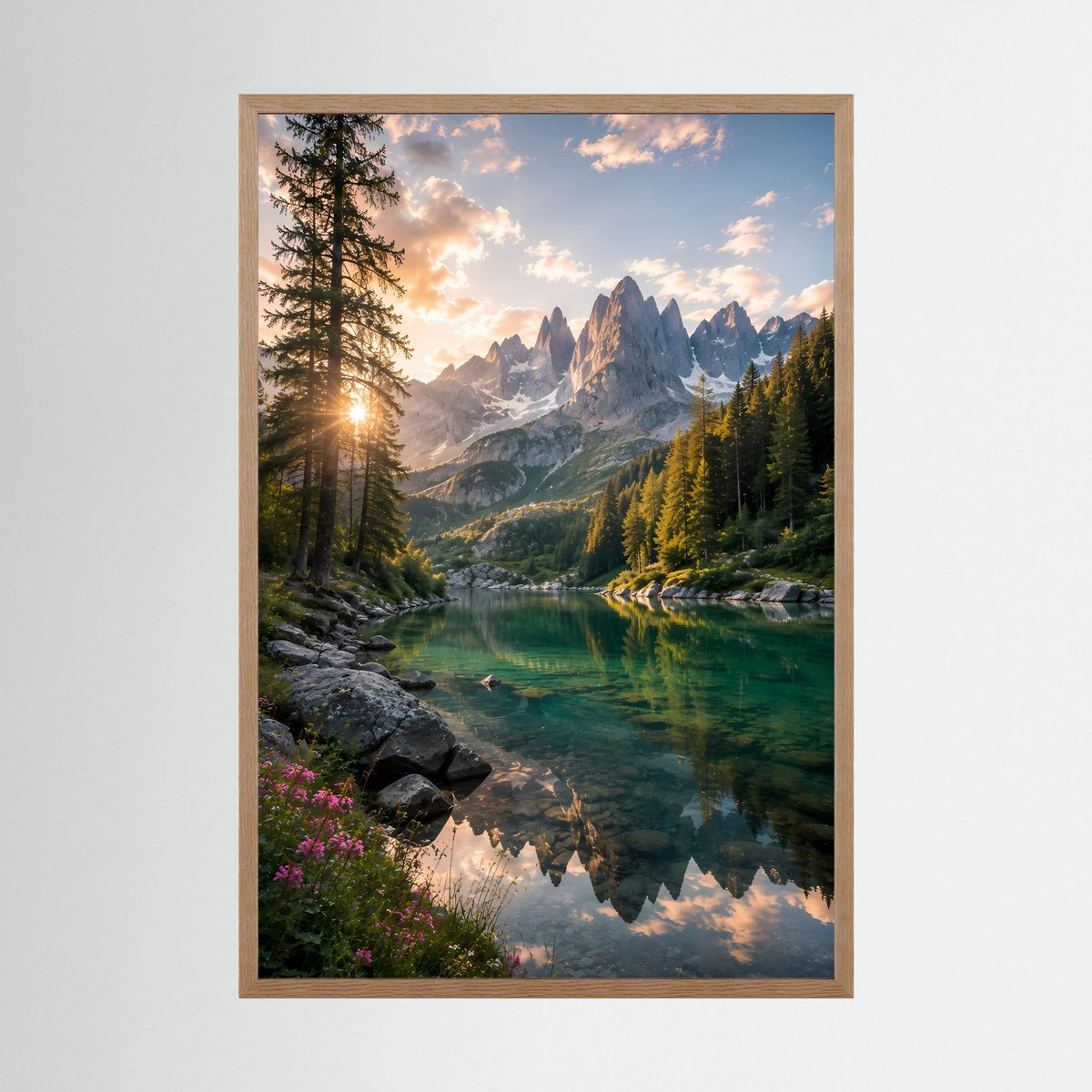 Bergsee im Sonnenuntergang | Alpenlandschaft mit Wald & Spiegelung | Poster Hochformat