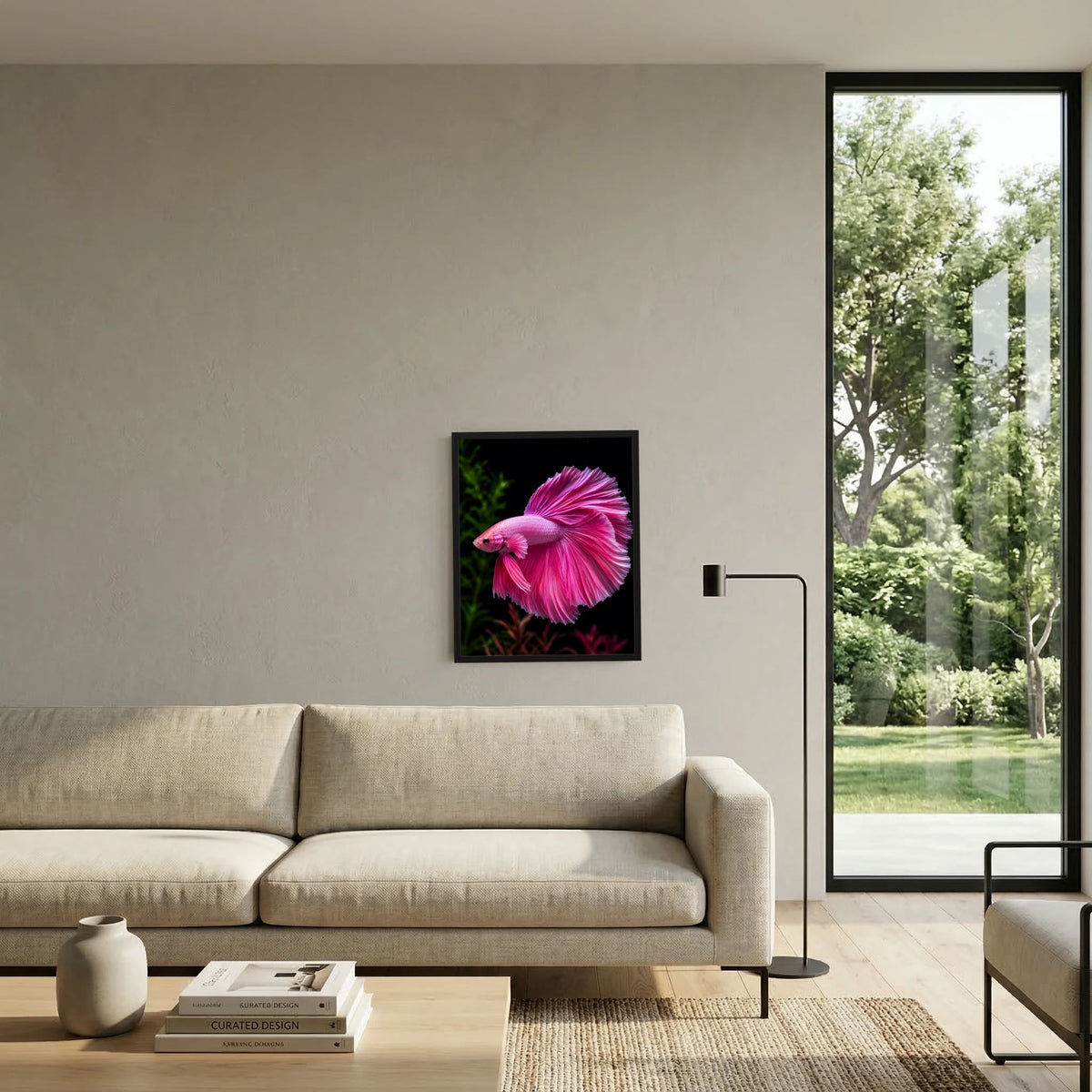 Tierposter im Hochformat mit rosa Kampffisch im schwarzen Rahmen, Flossen stark ausgebreitet