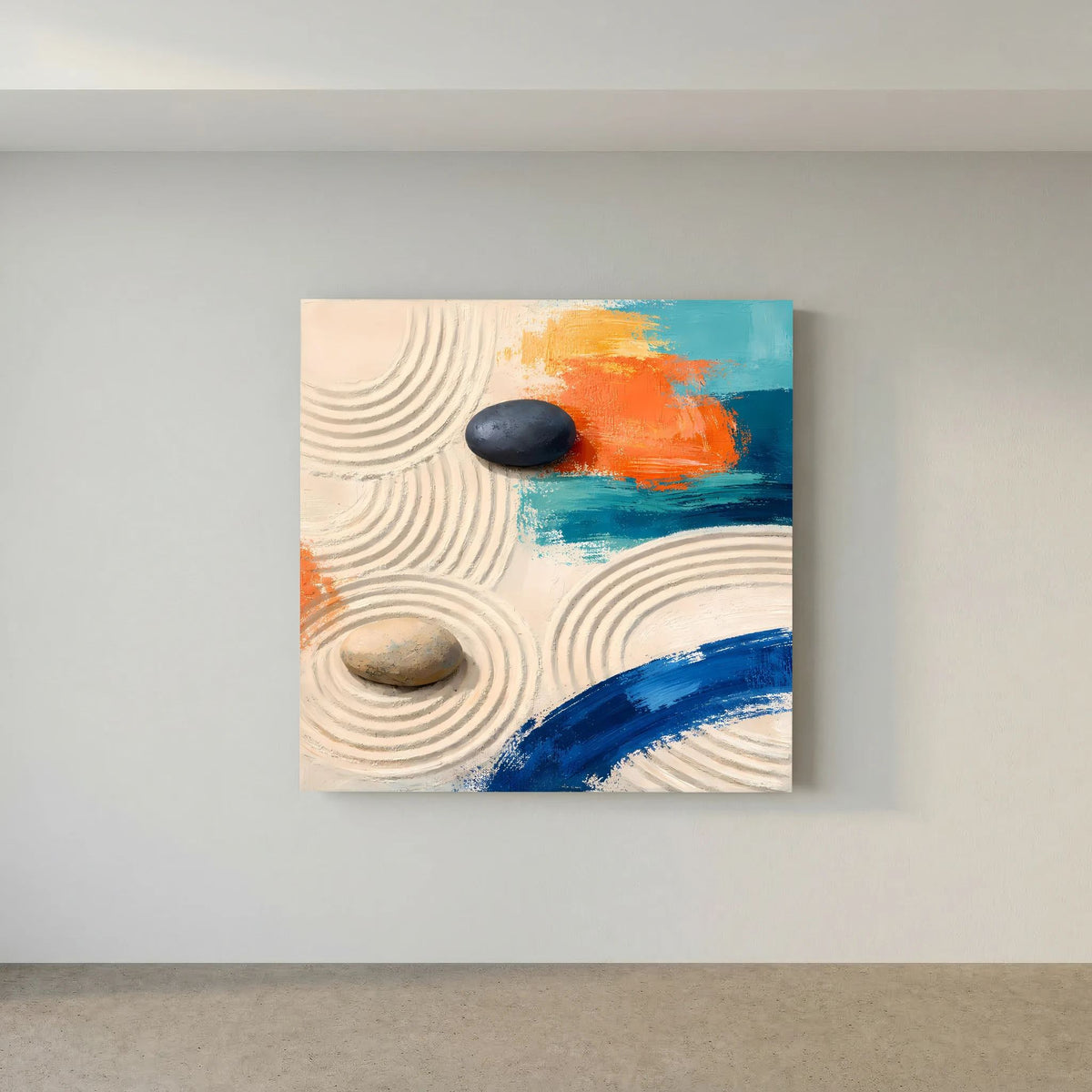 Abstraktes Leinwandbild mit Sandwellen, zwei Steinen und blauem Pinselstrich im unteren Bereich